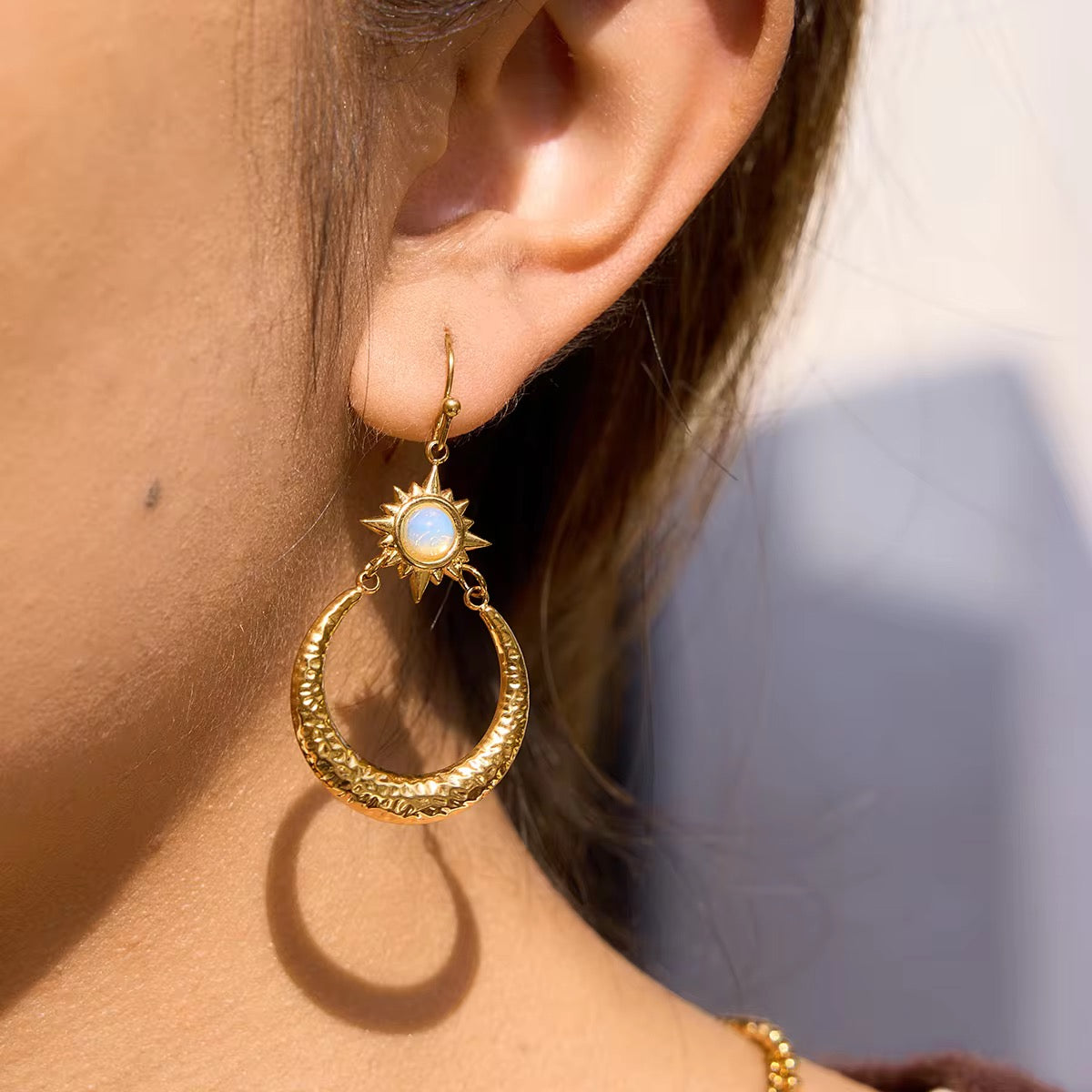 Opal Star Hammered Moon Earrings