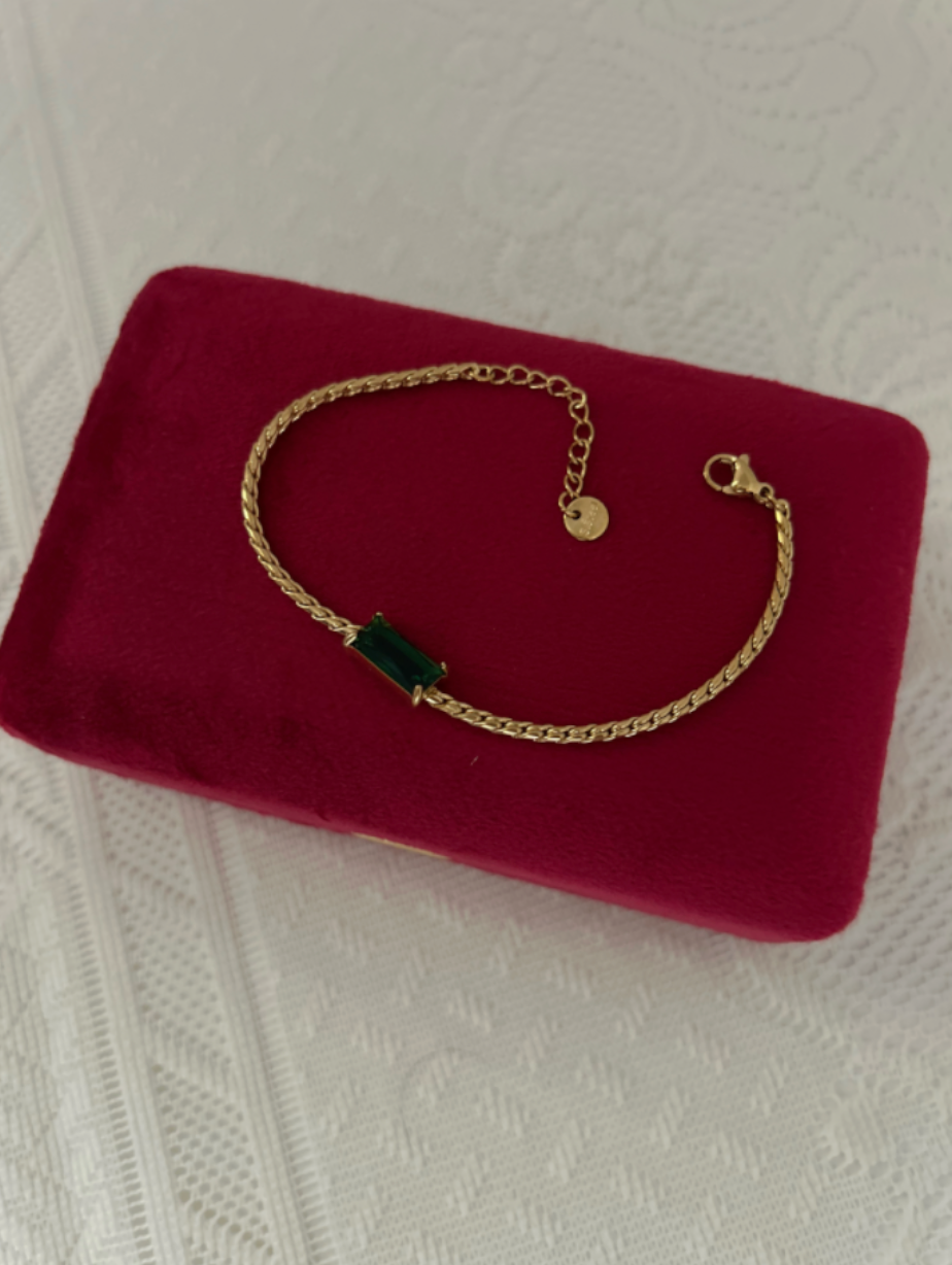 Emerald Green Rectangular Zirconia Stainless Steel Boston Link Chain Bracelet
