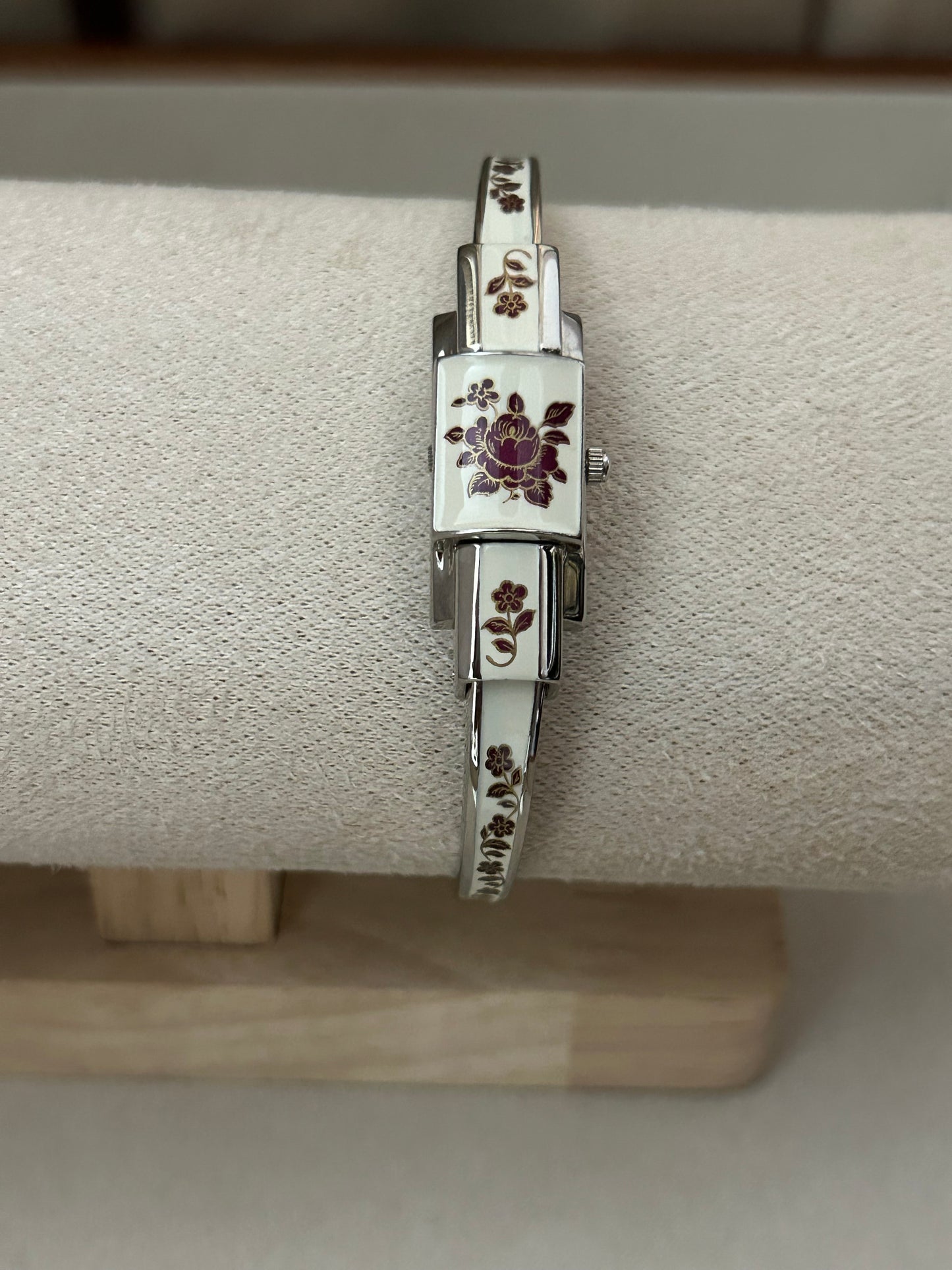André Mouche Swiss White Floral Enamel Cuff Bangle Watch