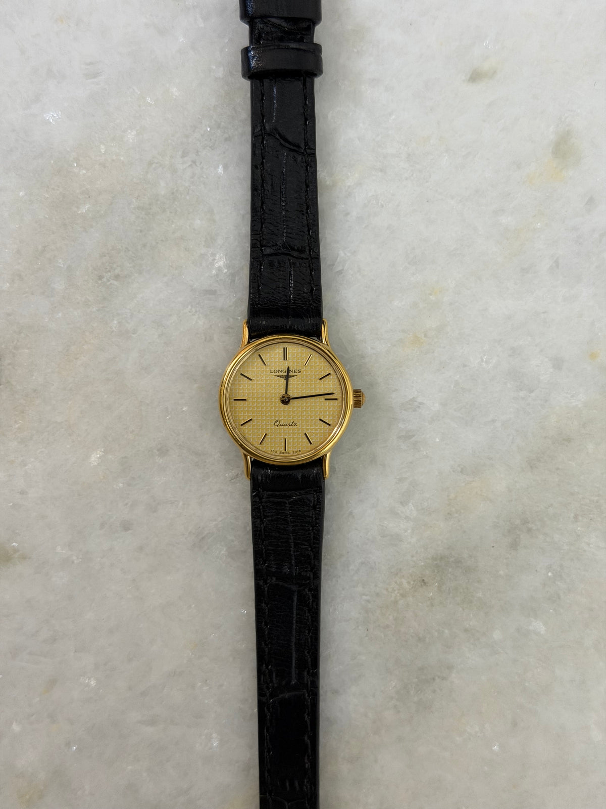 Vintage Longines Gold Plated Quartz Watch Champagne Dial With Crosshatch Pattern- L153.4 / ETA 976.001, with 6 jewels