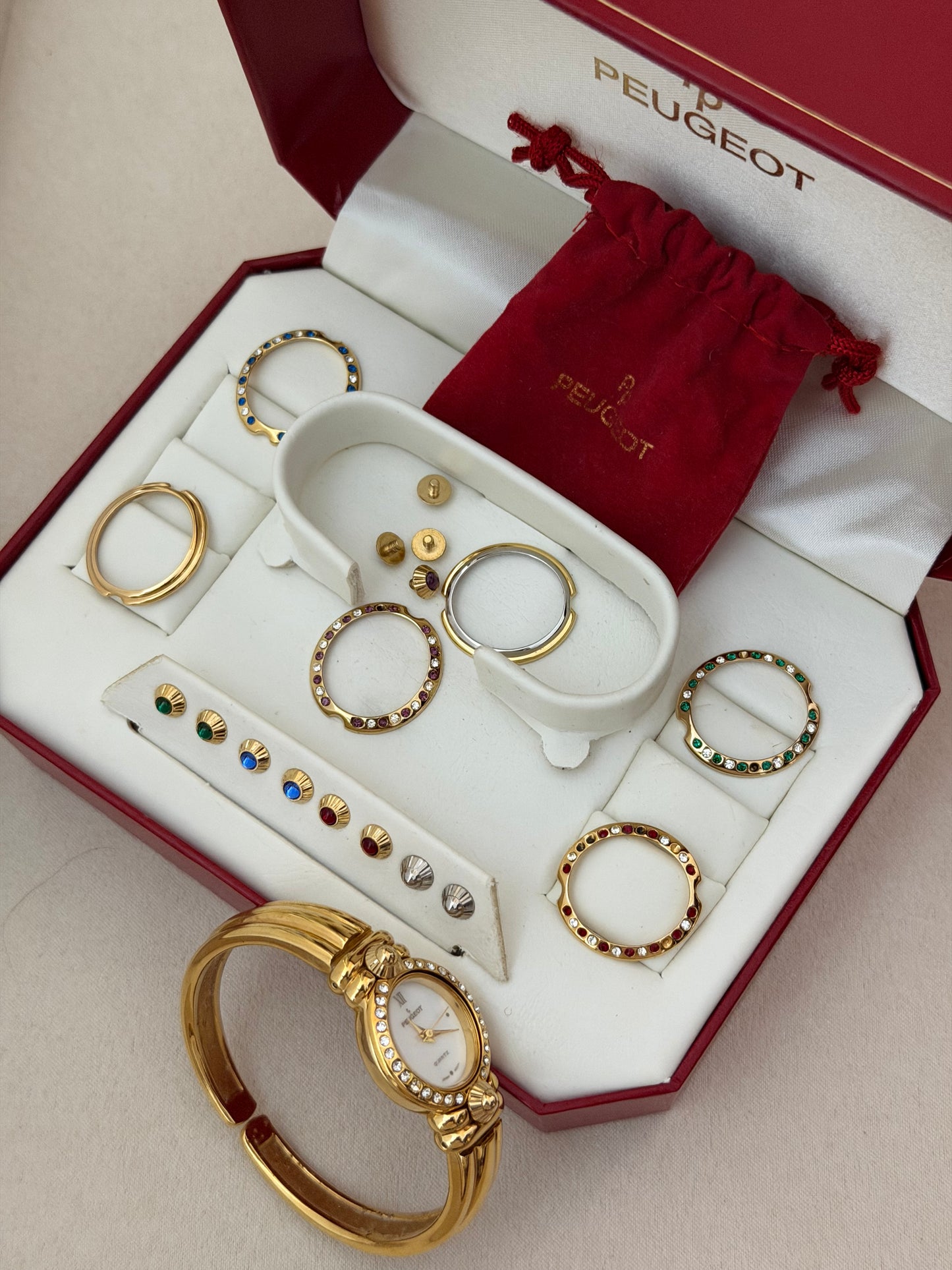 Rare Vintage Peugeot Interchangeable Bezels & Crystal Accents Watch With Box