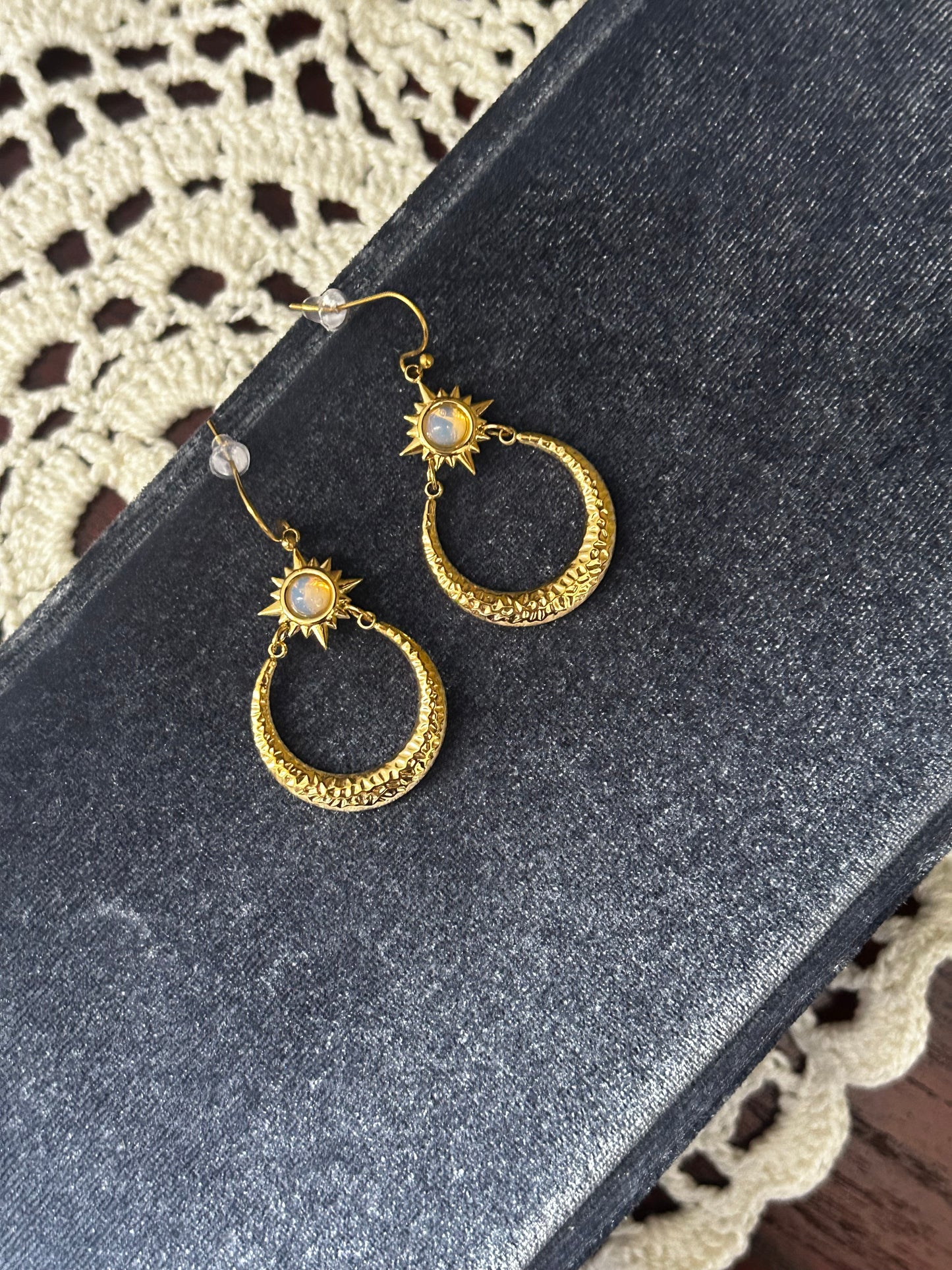 Opal Star Hammered Moon Earrings