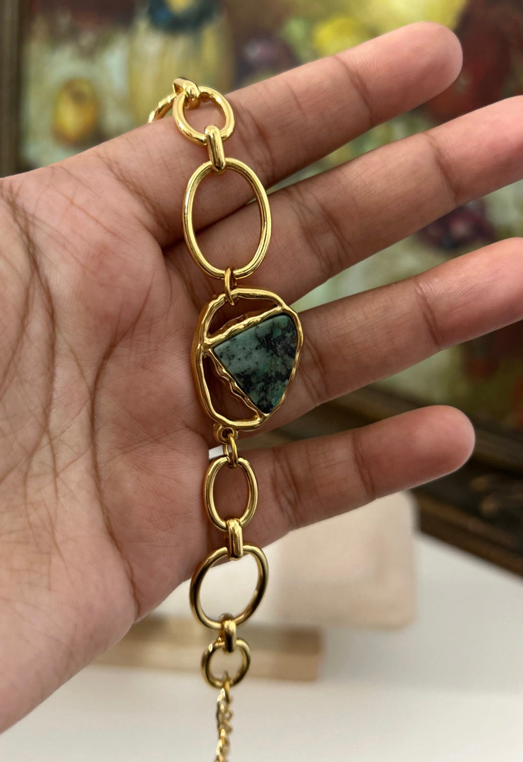 Green Natural Stone Link Stainless Steel Bracelet