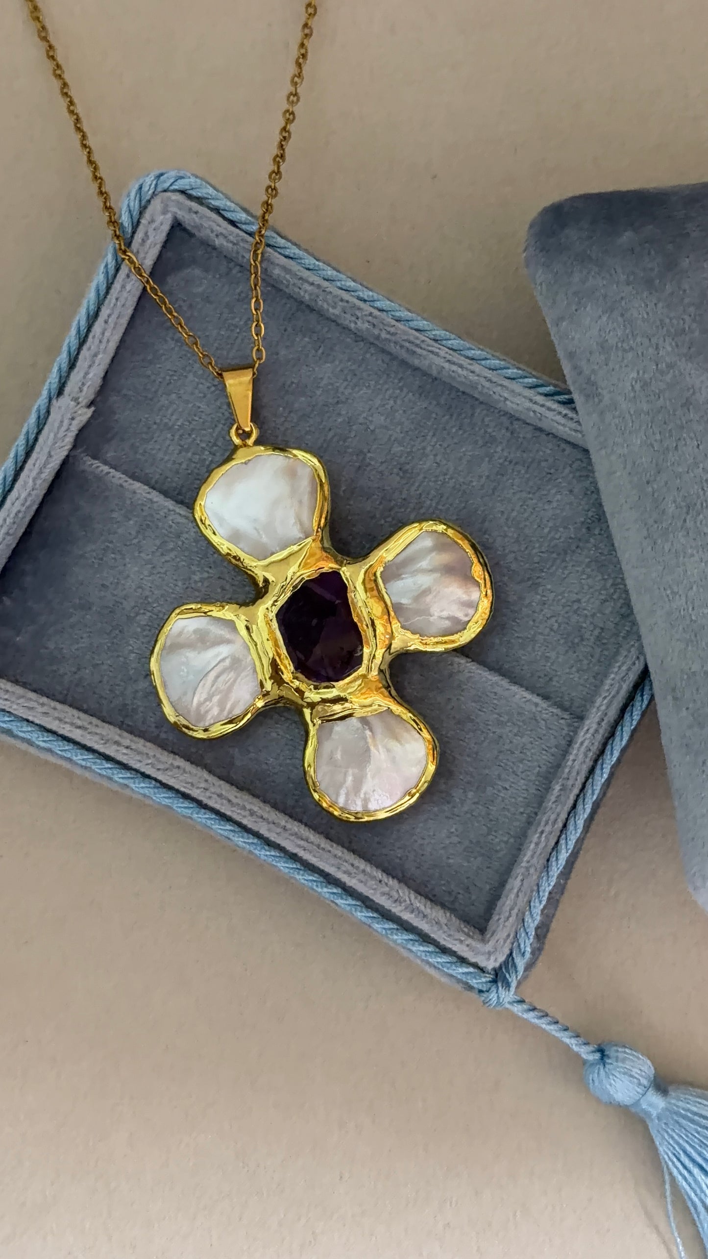 Natural Amethyst & Shell Pearl Pendant Necklace