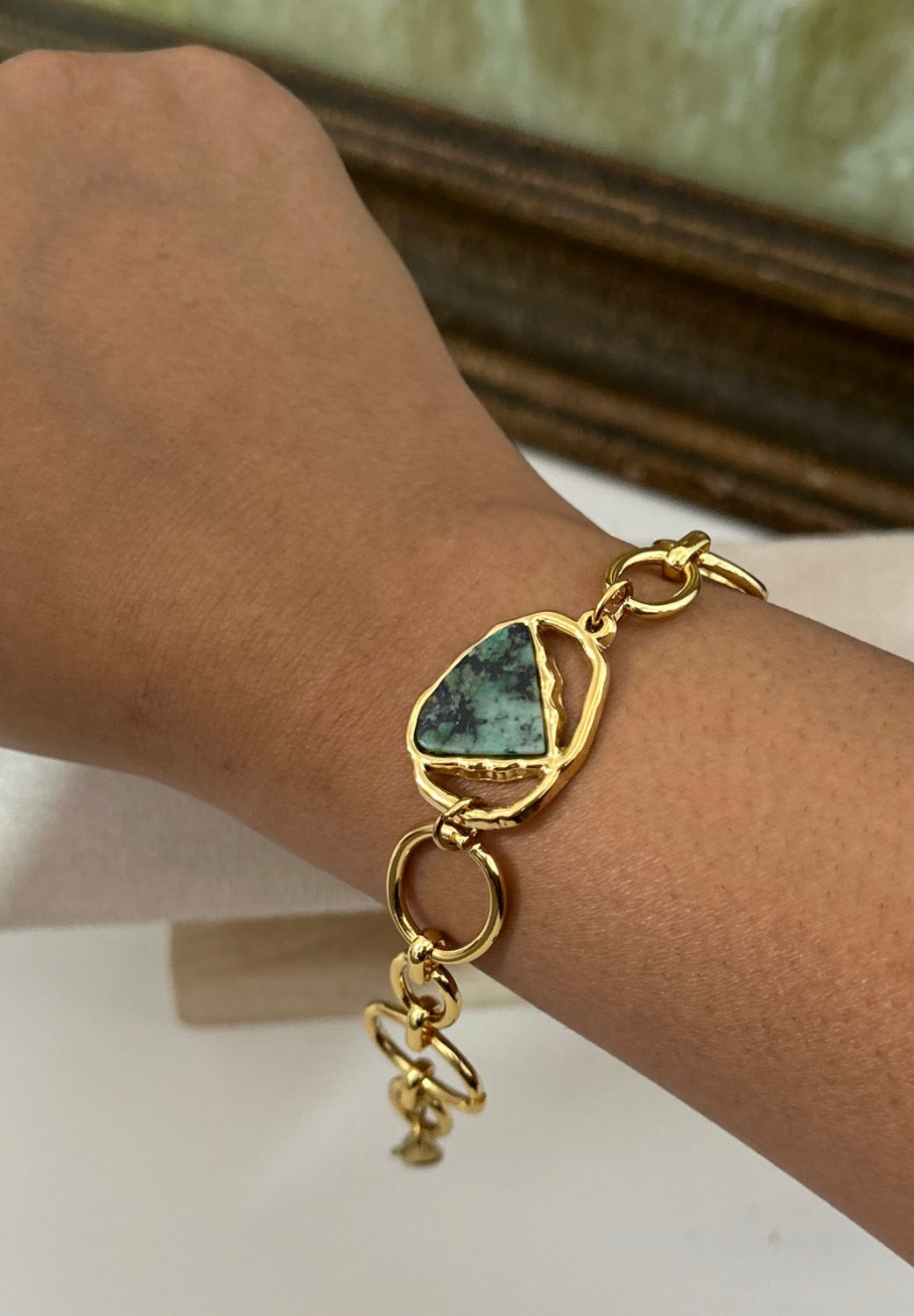 Green Natural Stone Link Stainless Steel Bracelet
