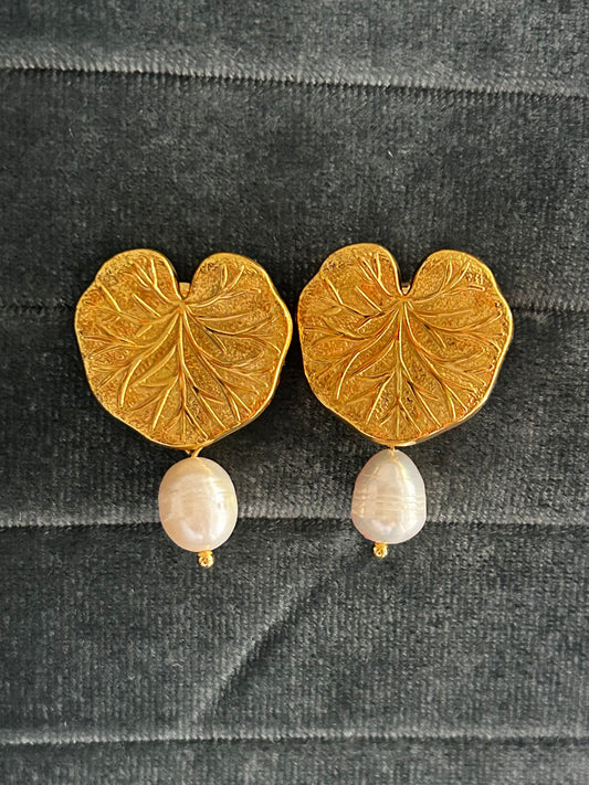 Lotus Leaf Pearl Drop Earrings
