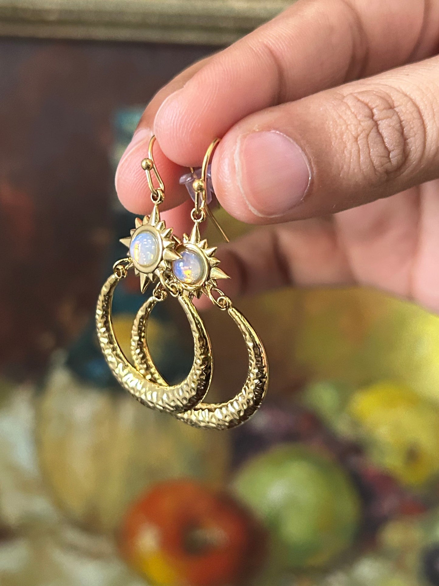Opal Star Hammered Moon Earrings