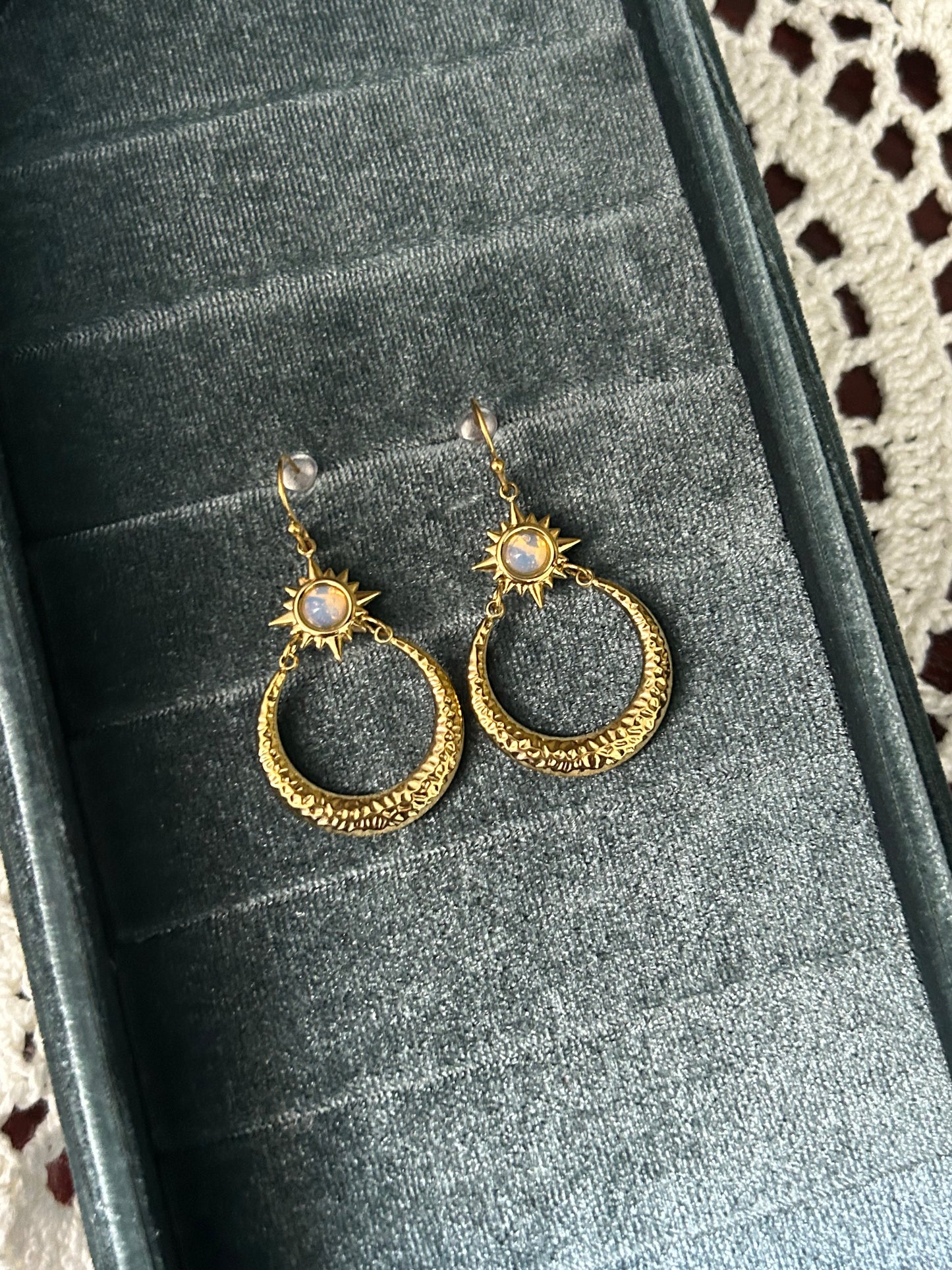 Opal Star Hammered Moon Earrings