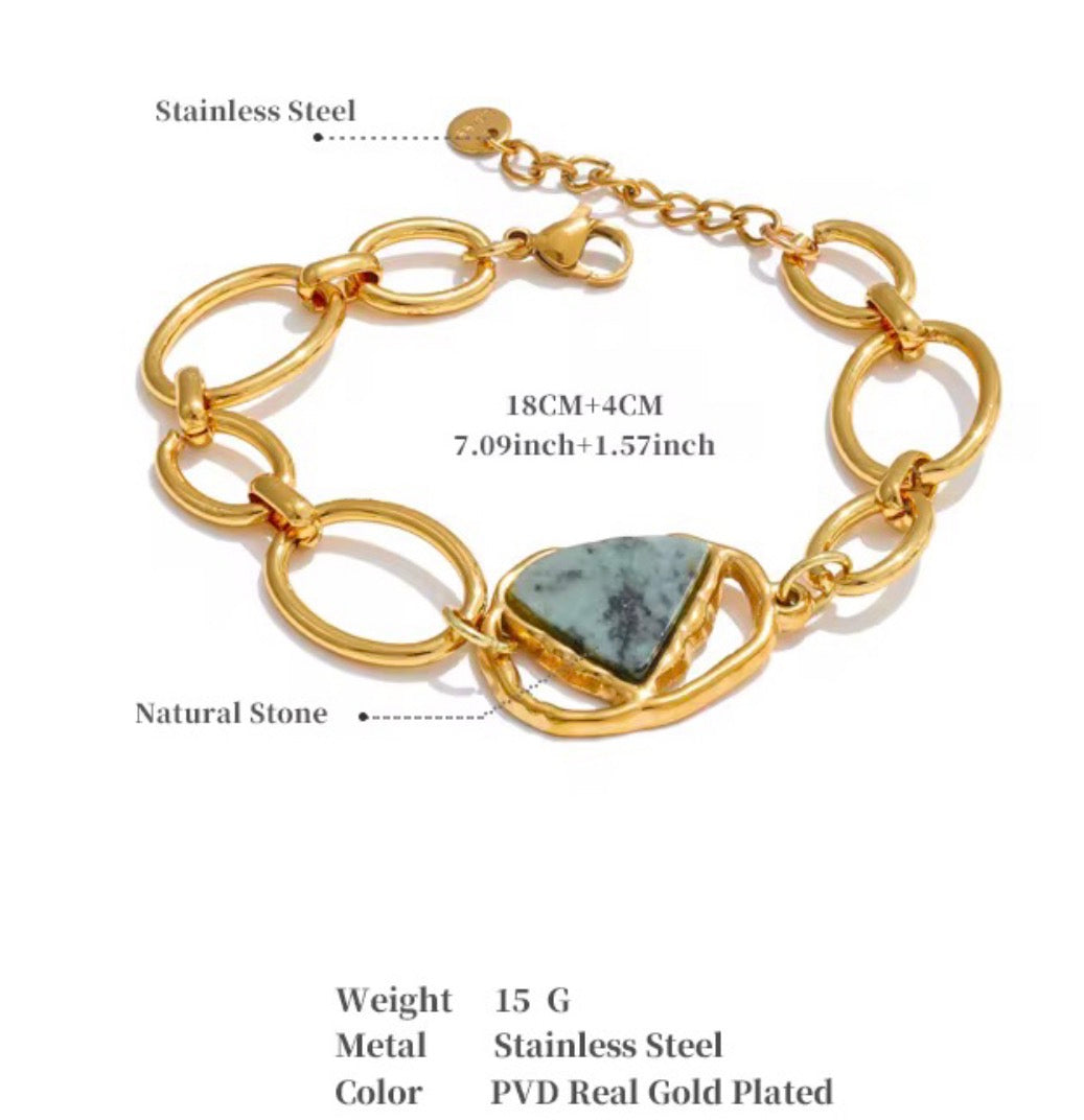 Green Natural Stone Link Stainless Steel Bracelet
