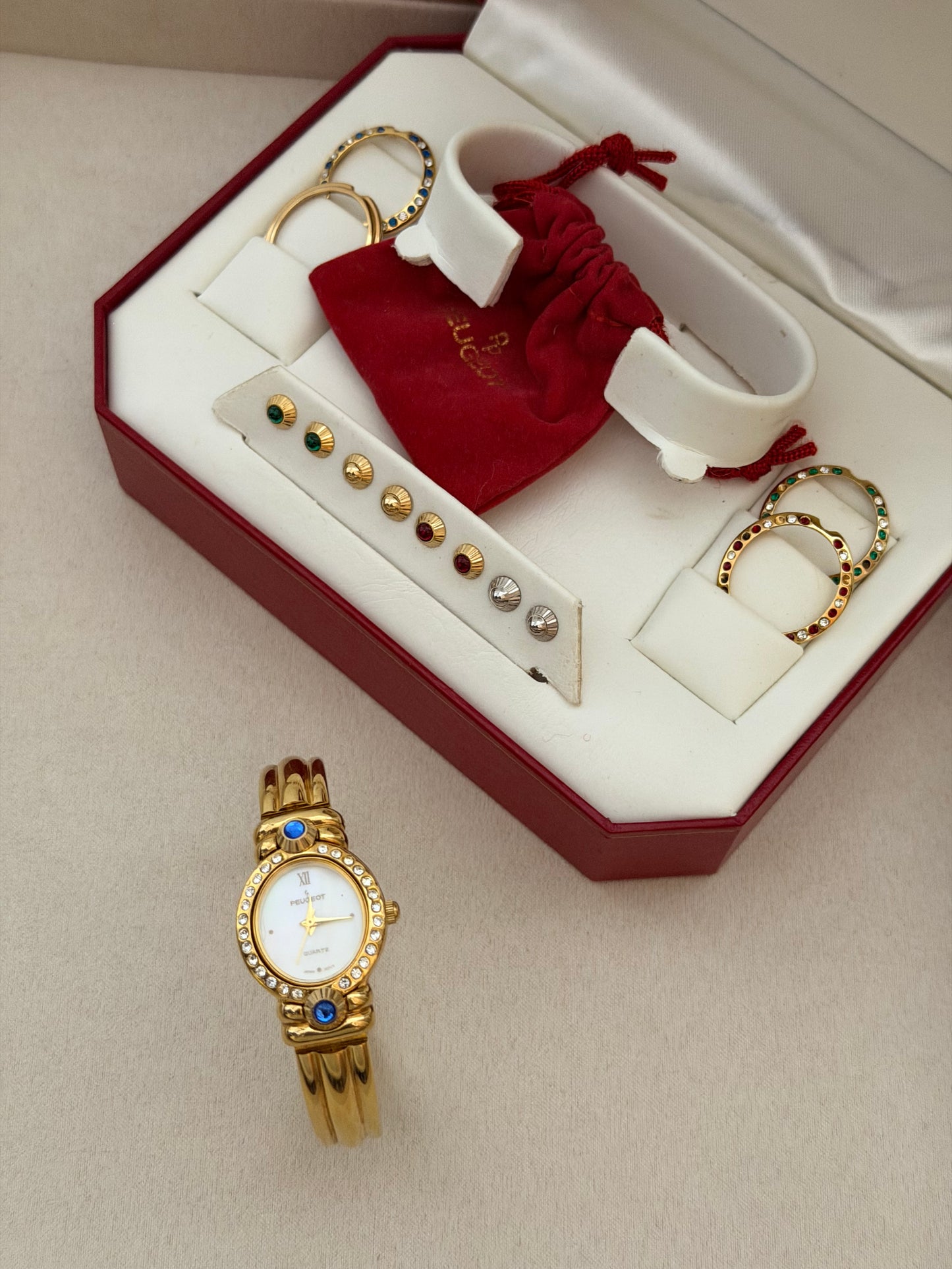 Rare Vintage Peugeot Interchangeable Bezels & Crystal Accents Watch With Box