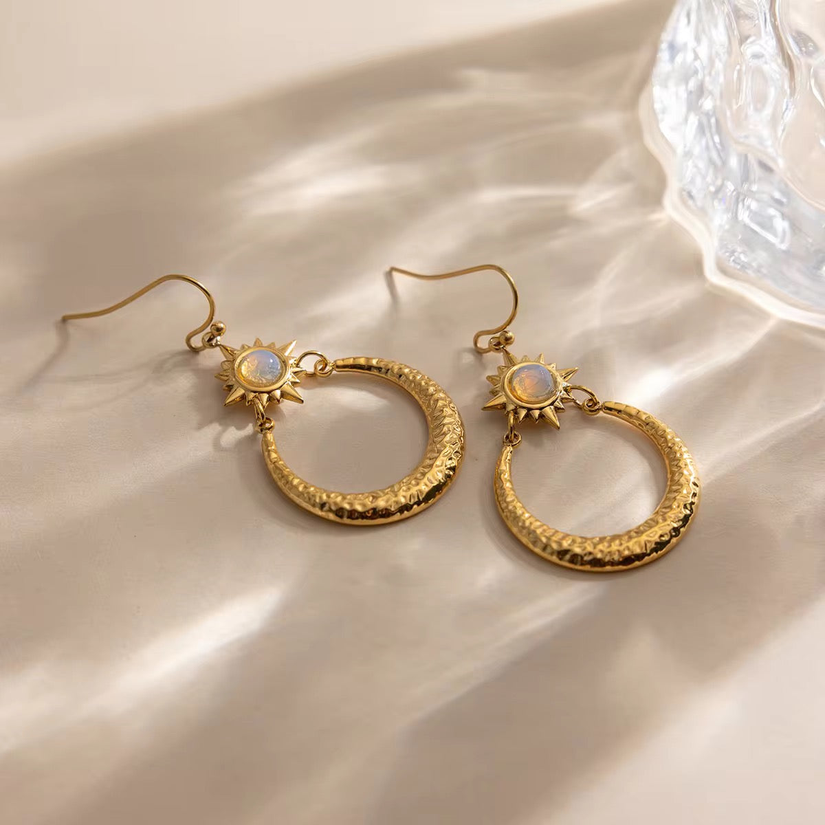 Opal Star Hammered Moon Earrings
