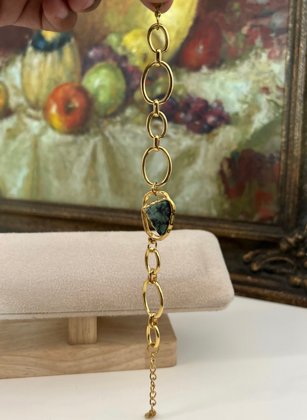 Green Natural Stone Link Stainless Steel Bracelet