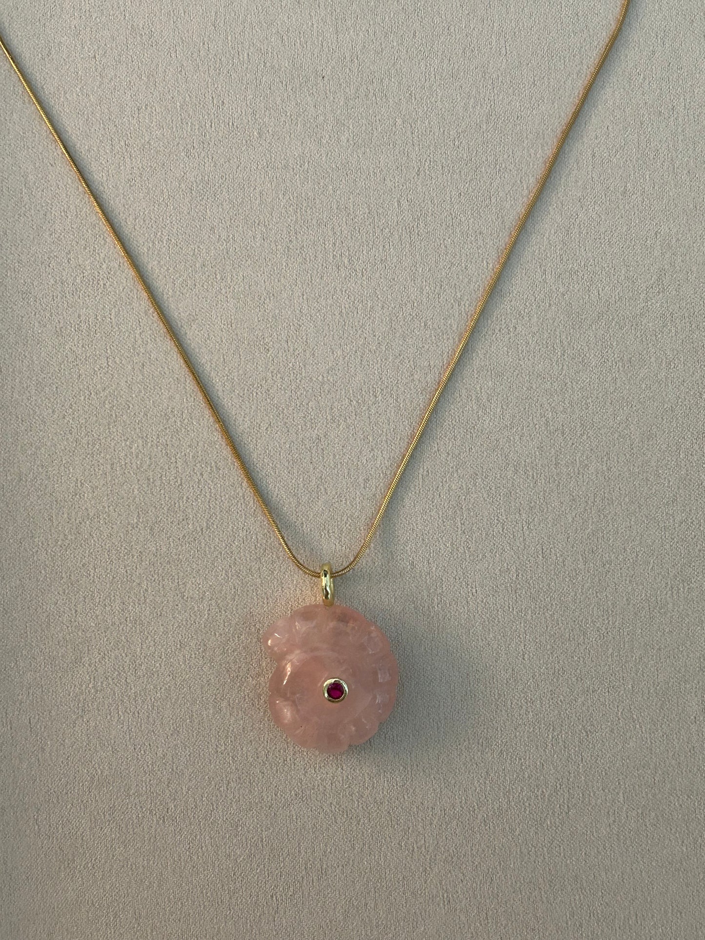 Ammonite Seashell Carved Rose Quartz Necklace