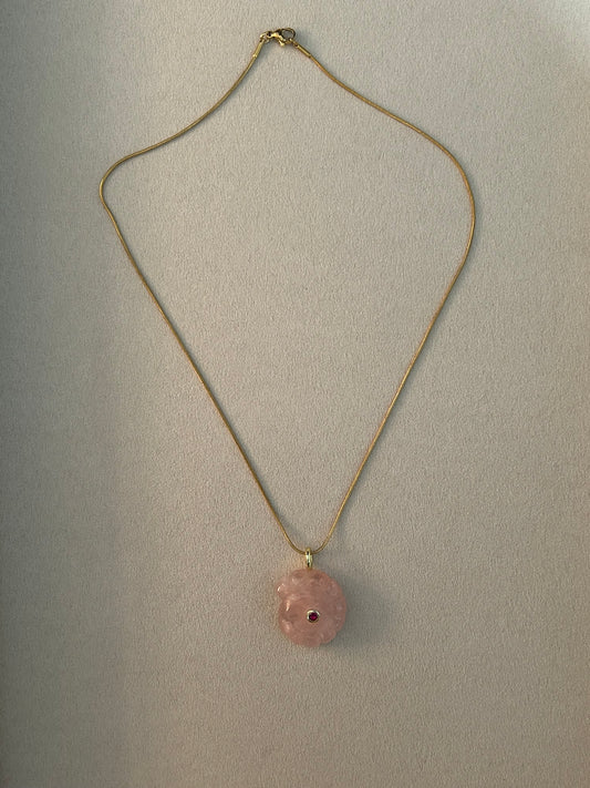 Ammonite Seashell Carved Rose Quartz Necklace