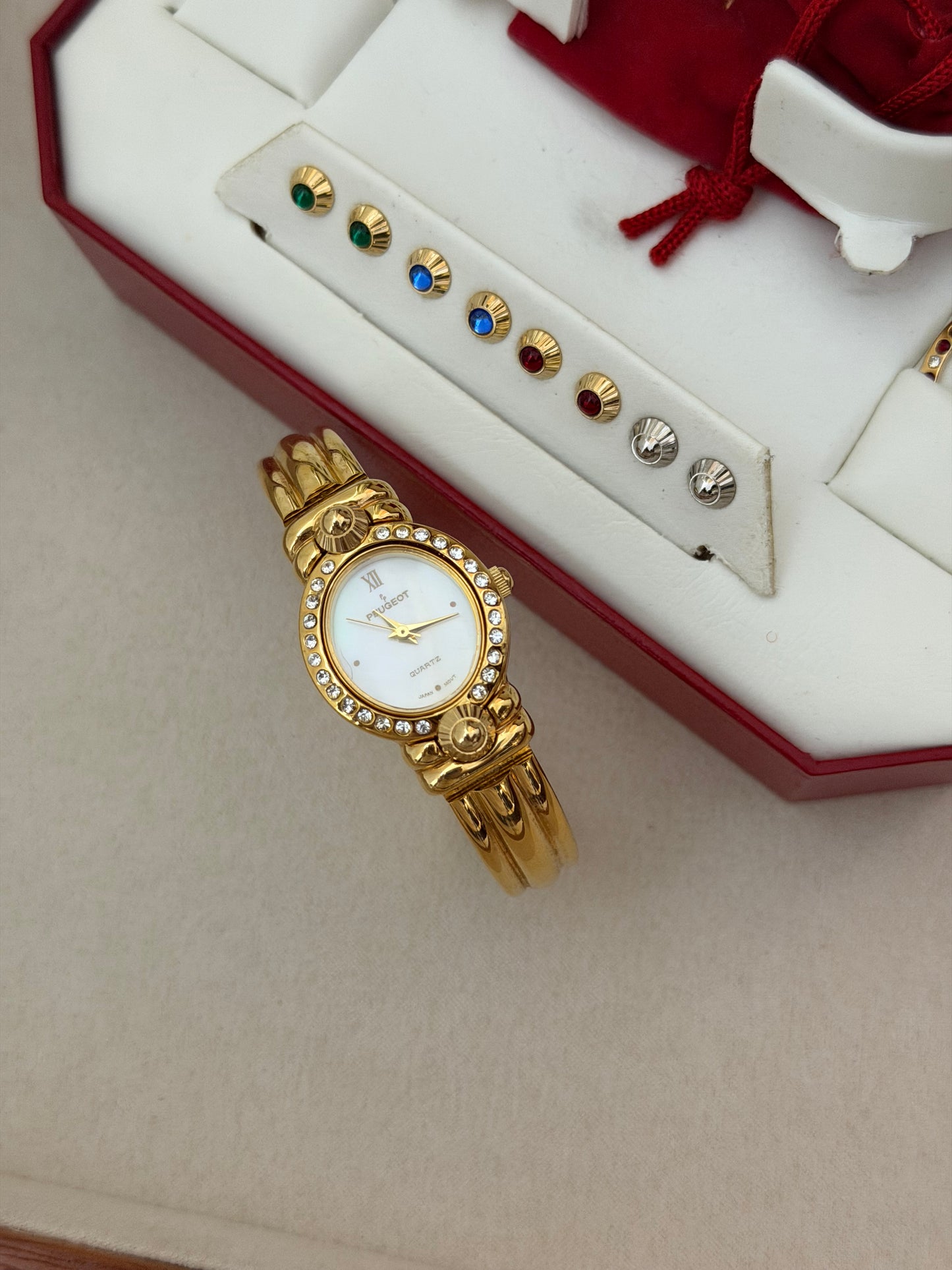 Rare Vintage Peugeot Interchangeable Bezels & Crystal Accents Watch With Box