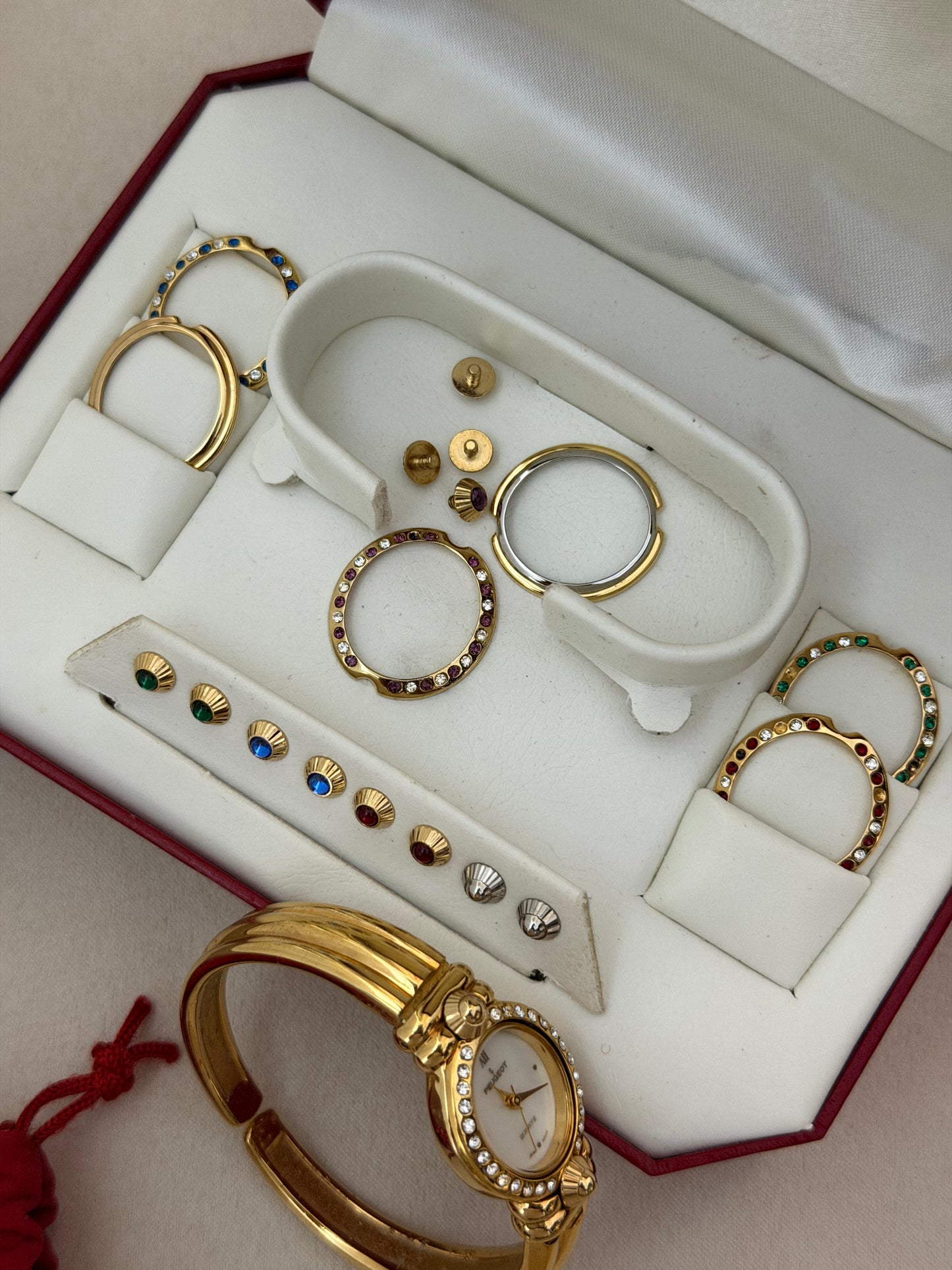 Rare Vintage Peugeot Interchangeable Bezels & Crystal Accents Watch With Box