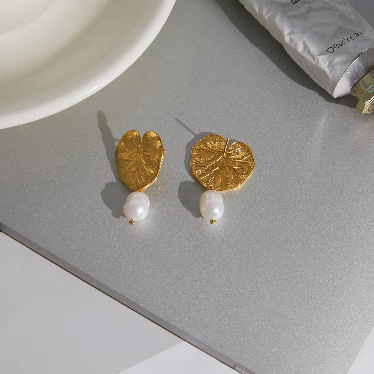 Lotus Leaf Pearl Drop Earrings