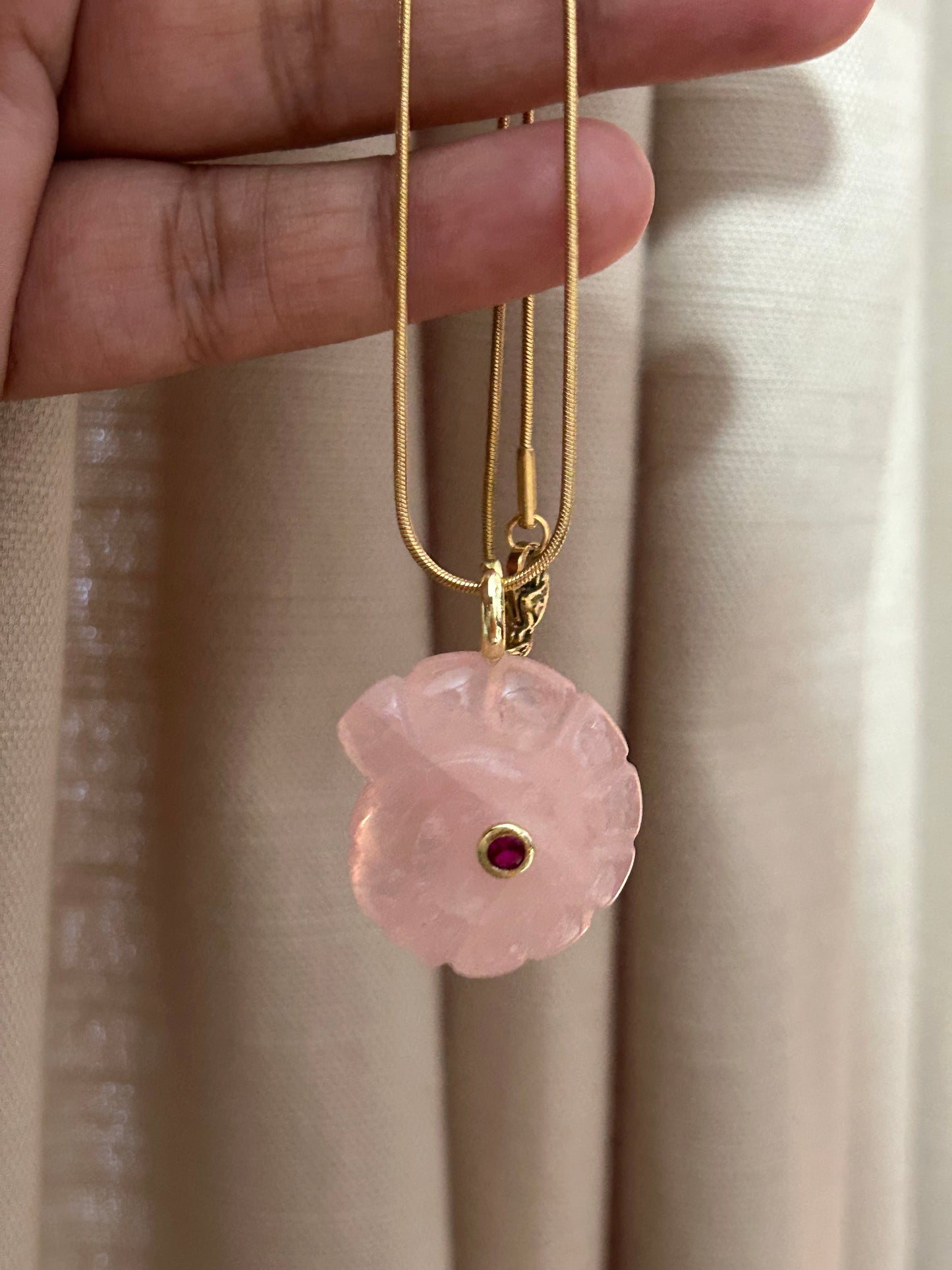 Ammonite Seashell Carved Rose Quartz Necklace