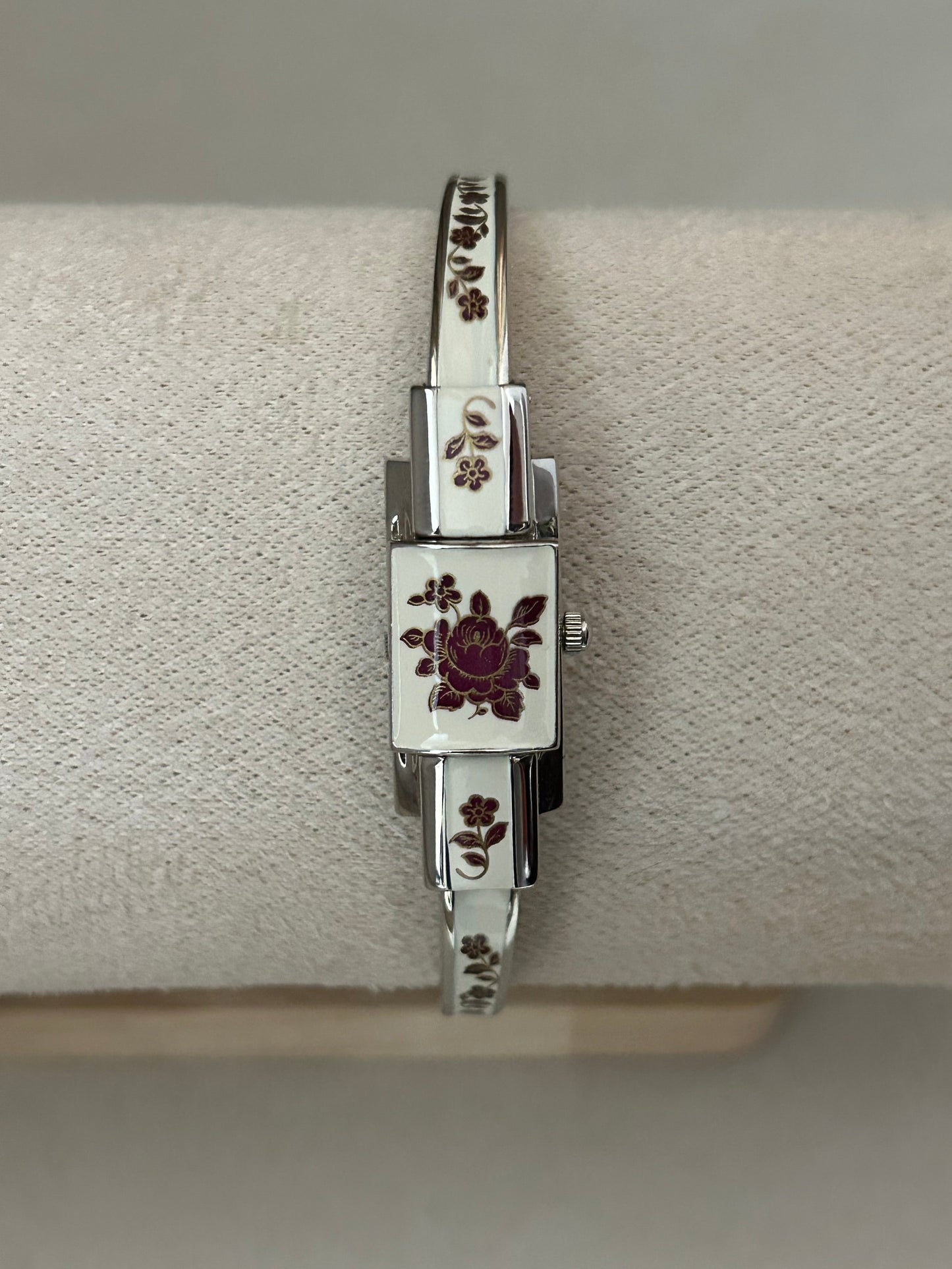 André Mouche Swiss White Floral Enamel Cuff Bangle Watch
