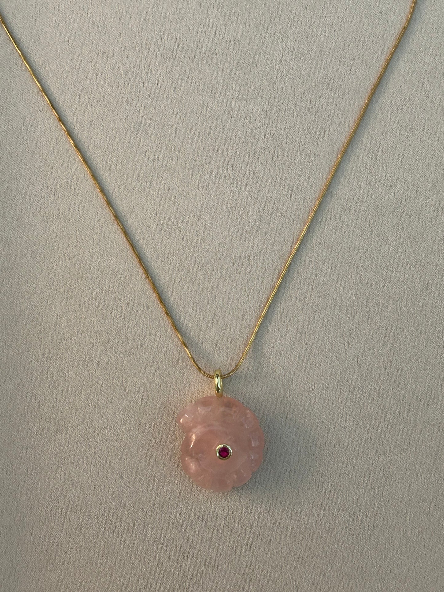 Ammonite Seashell Carved Rose Quartz Necklace