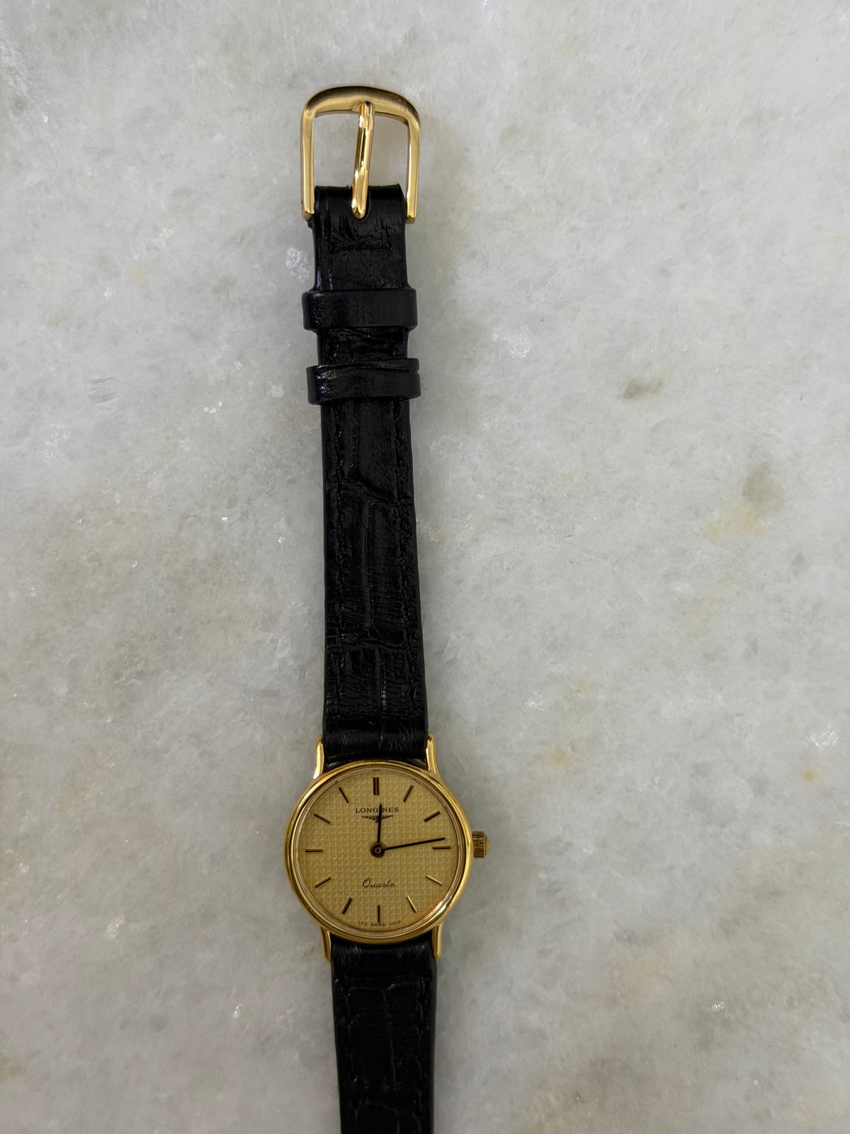 Vintage Longines Gold Plated Quartz Watch Champagne Dial With Crosshatch Pattern- L153.4 / ETA 976.001, with 6 jewels