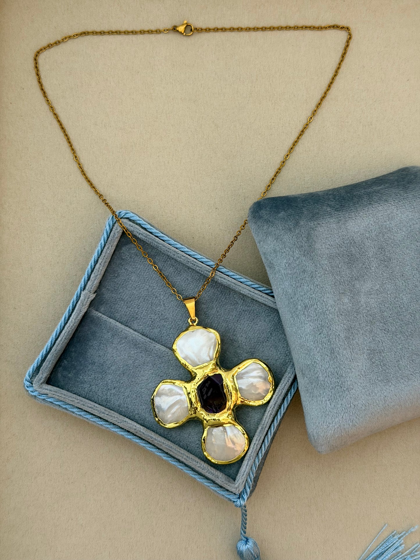 Natural Amethyst & Shell Pearl Pendant Necklace