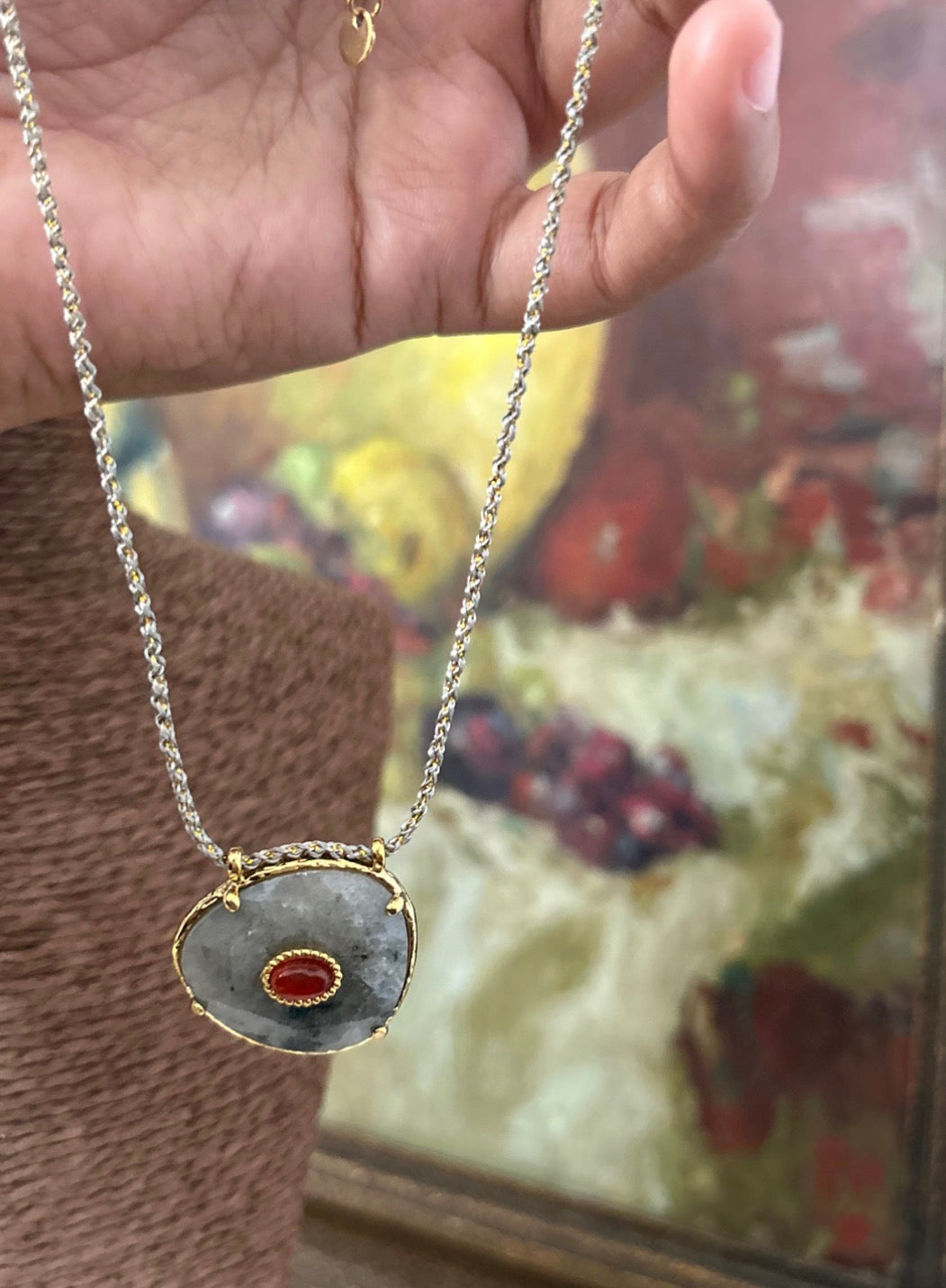 Red Agate Labradorite Stone Cord Necklace