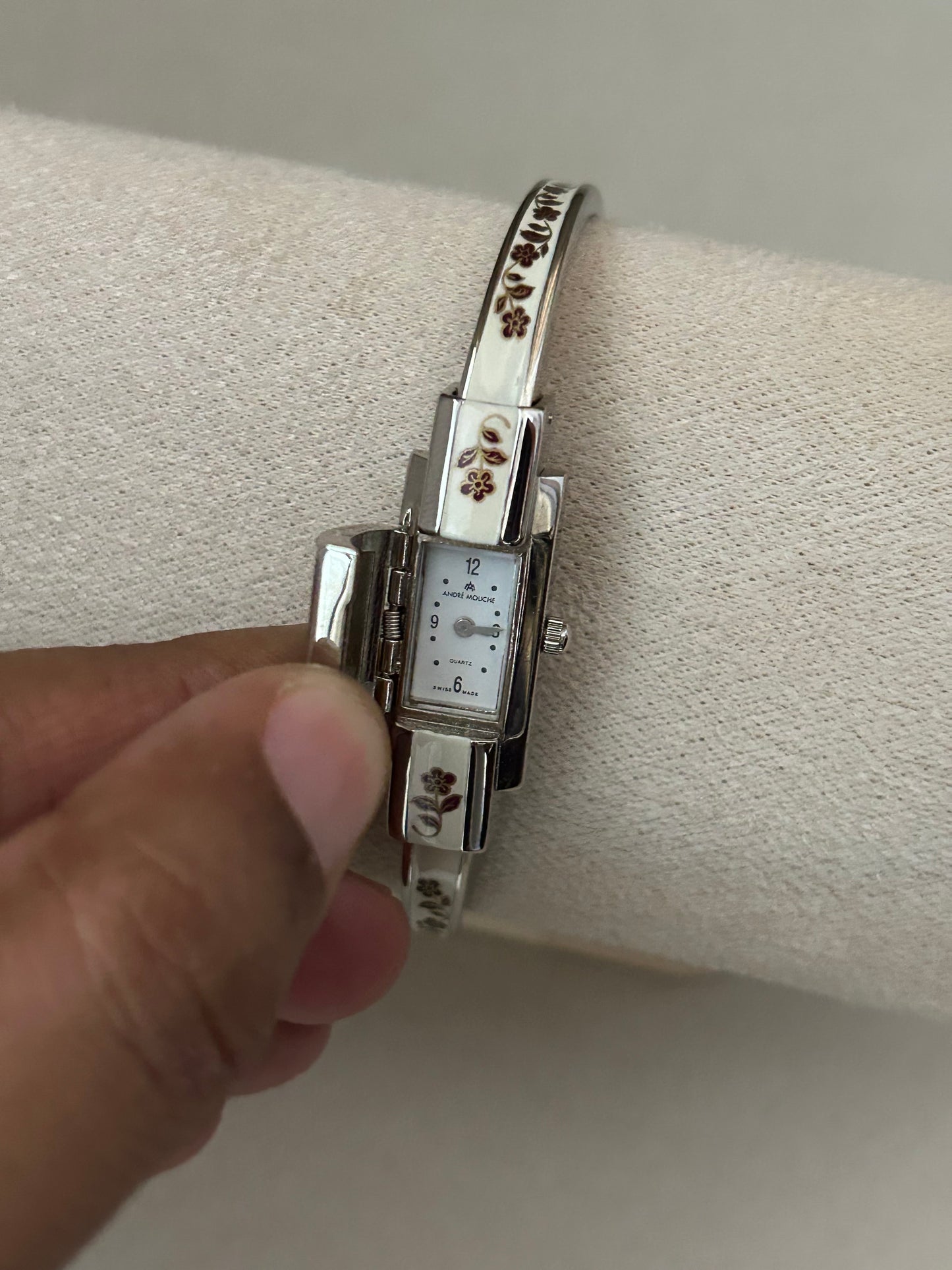 André Mouche Swiss White Floral Enamel Cuff Bangle Watch