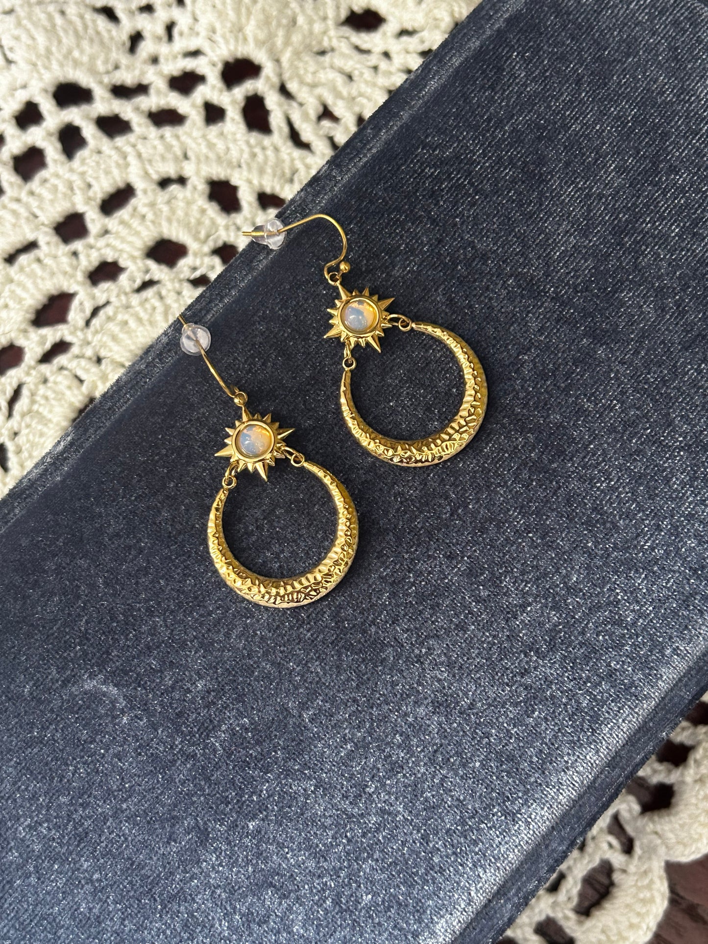 Opal Star Hammered Moon Earrings
