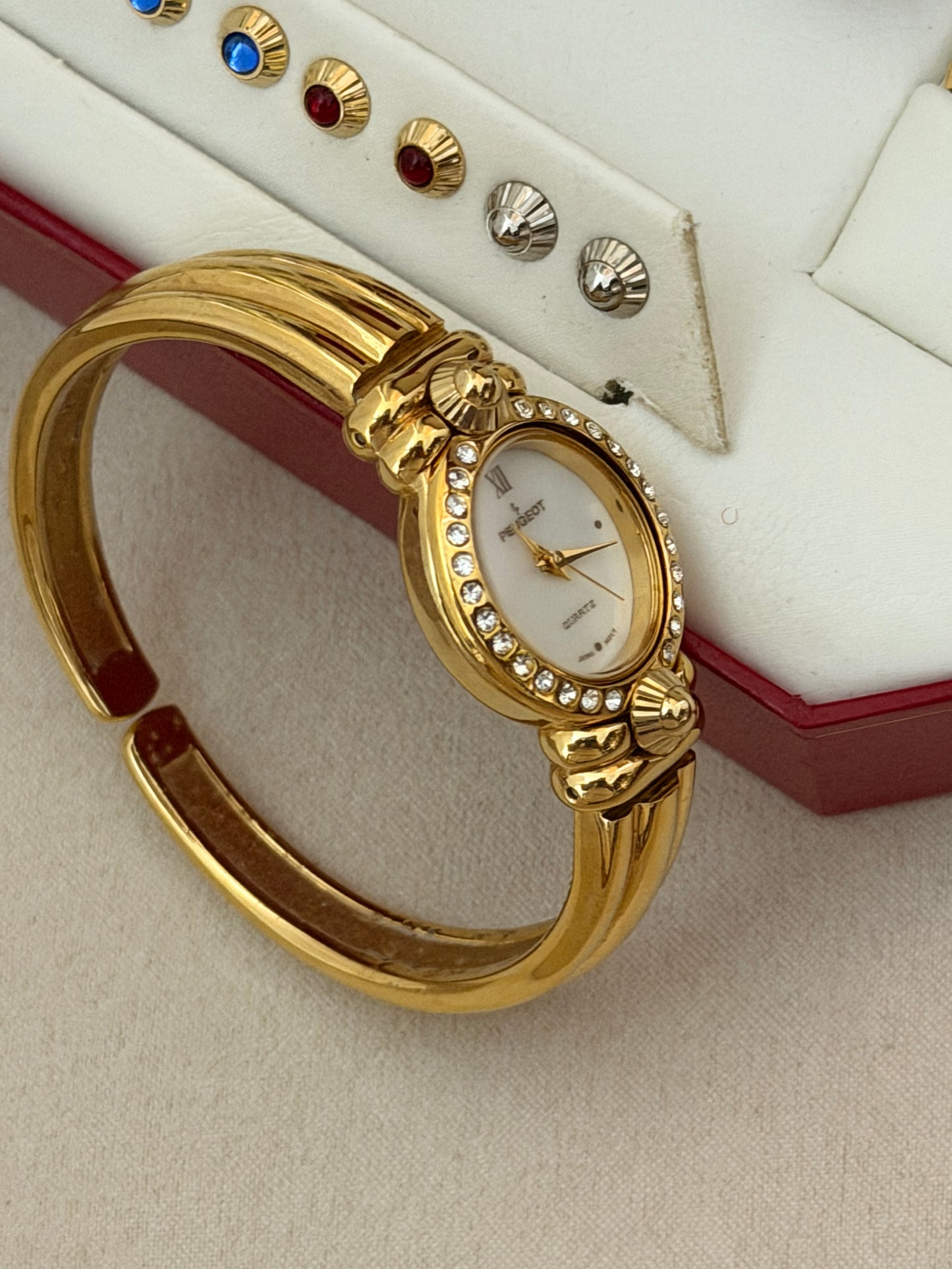 Rare Vintage Peugeot Interchangeable Bezels & Crystal Accents Watch With Box