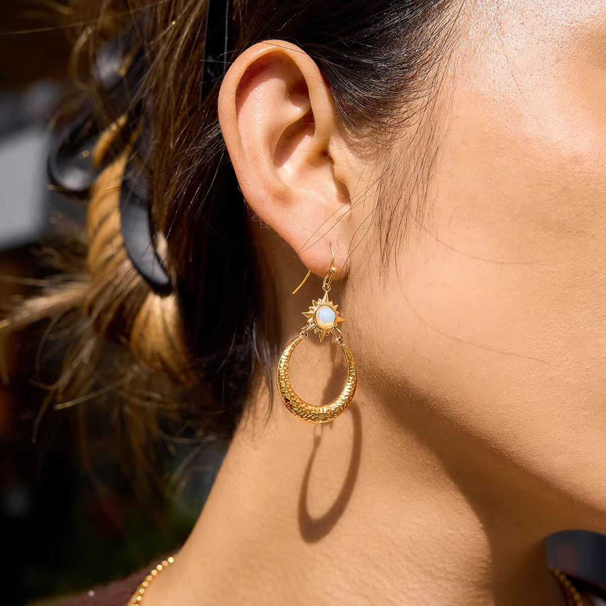 Opal Star Hammered Moon Earrings