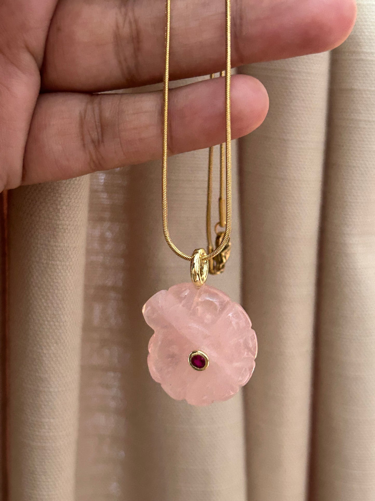 Ammonite Seashell Carved Rose Quartz Necklace