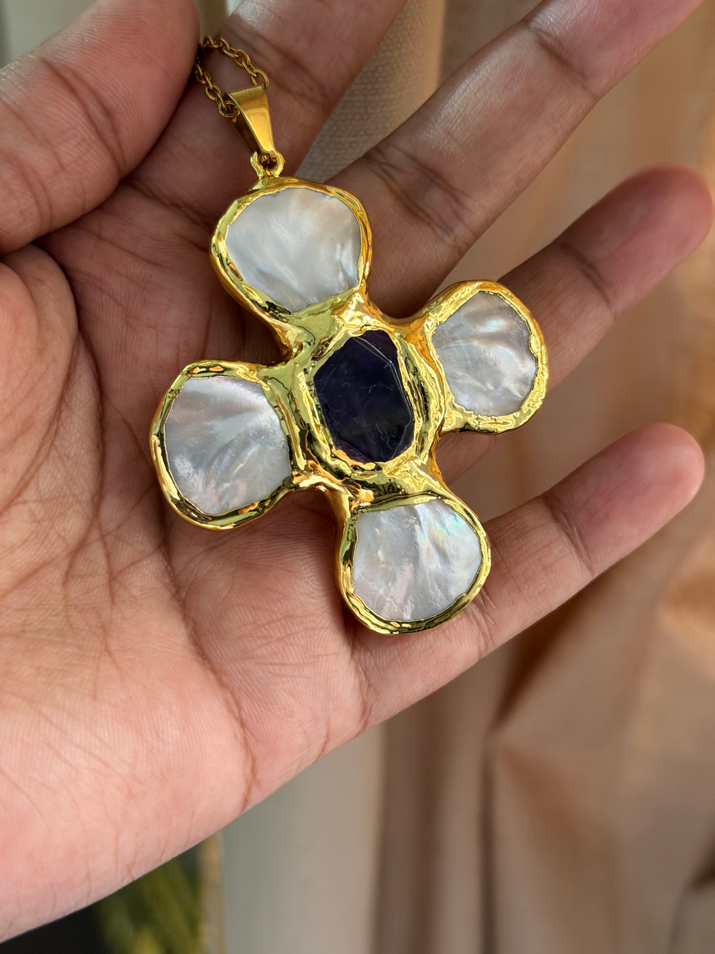 Natural Amethyst & Shell Pearl Pendant Necklace