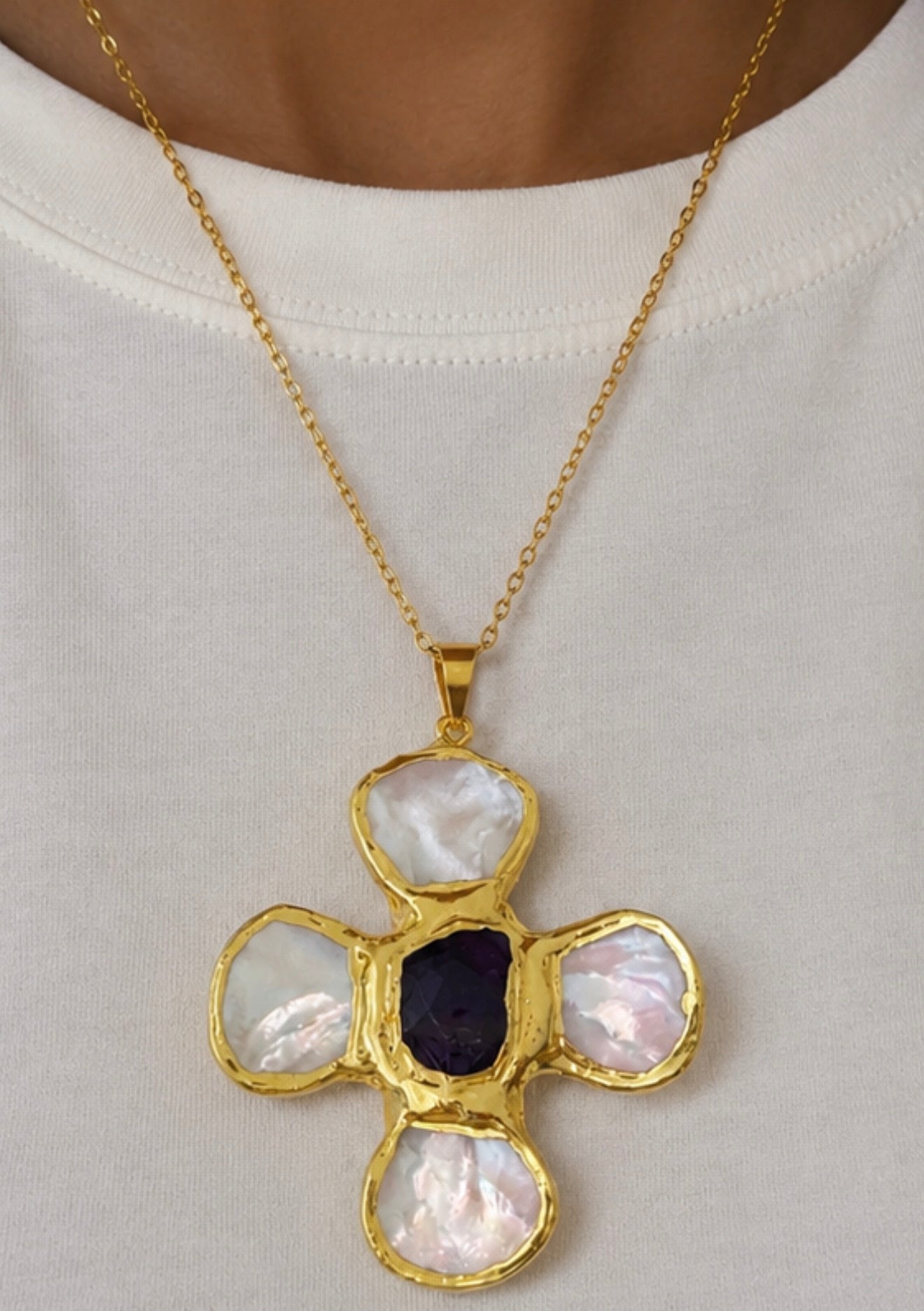 Natural Amethyst & Shell Pearl Pendant Necklace