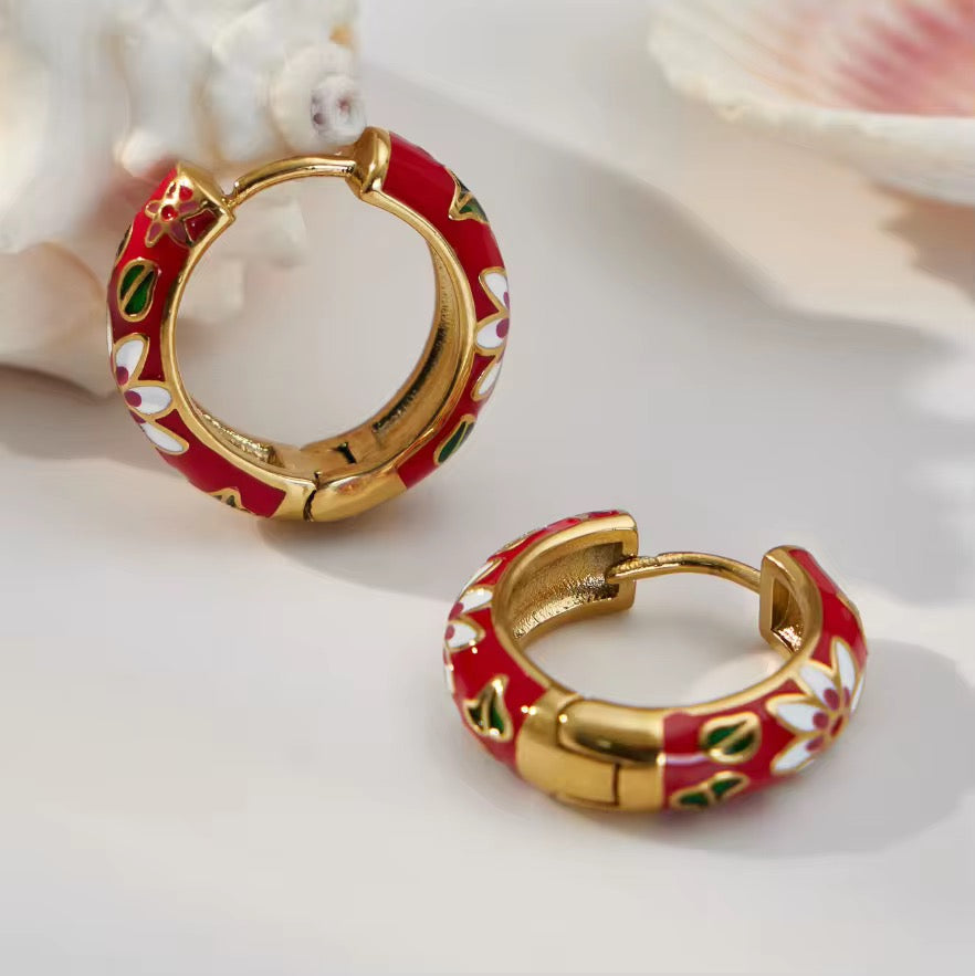 Rosette Hoop Earrings - Red
