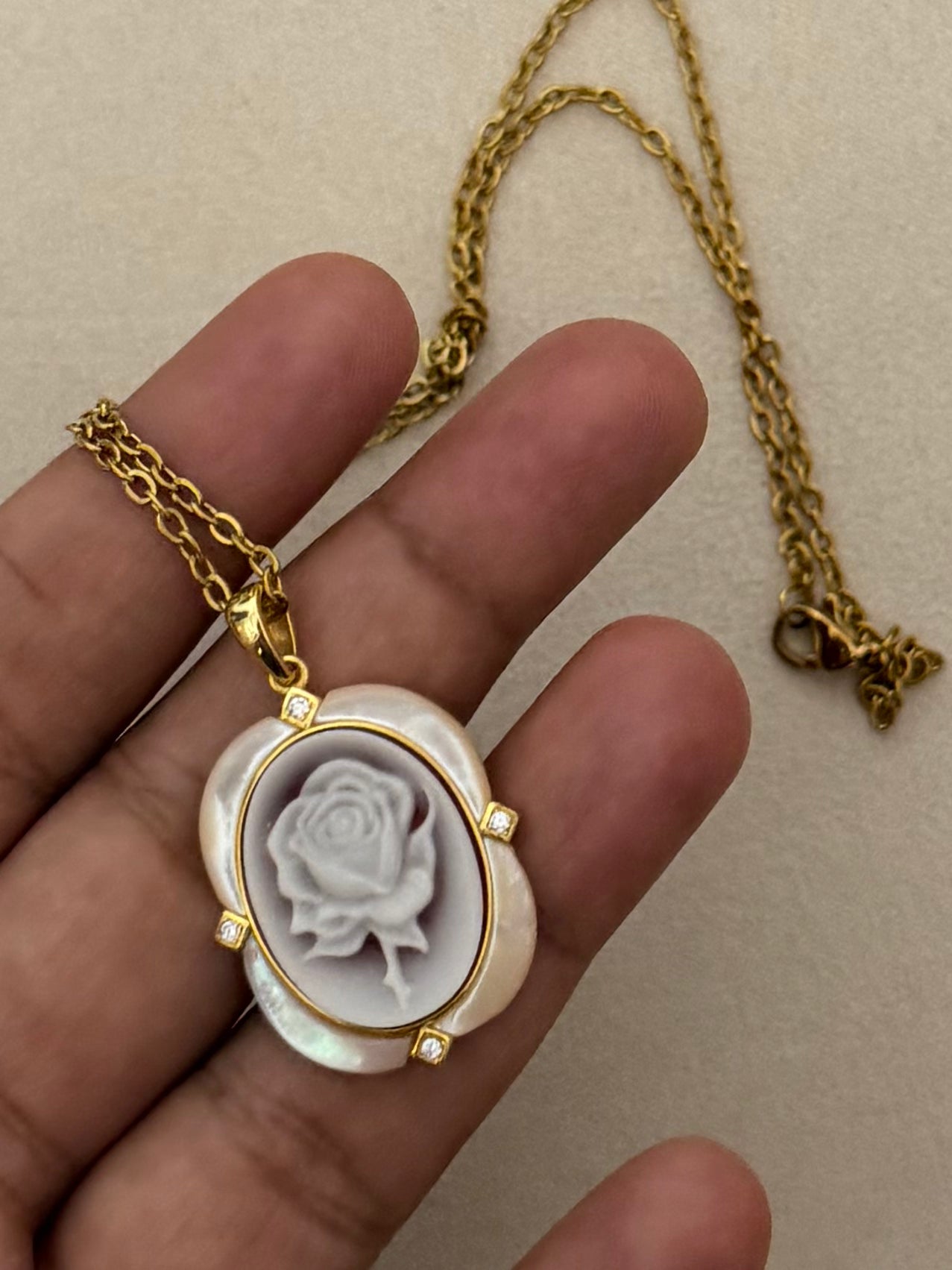 Sterling Silver Agate & MOP Rose Cameo Necklace