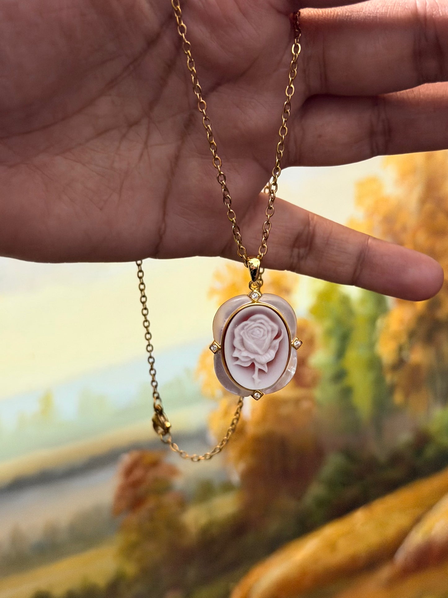 Sterling Silver Agate & MOP Rose Cameo Necklace