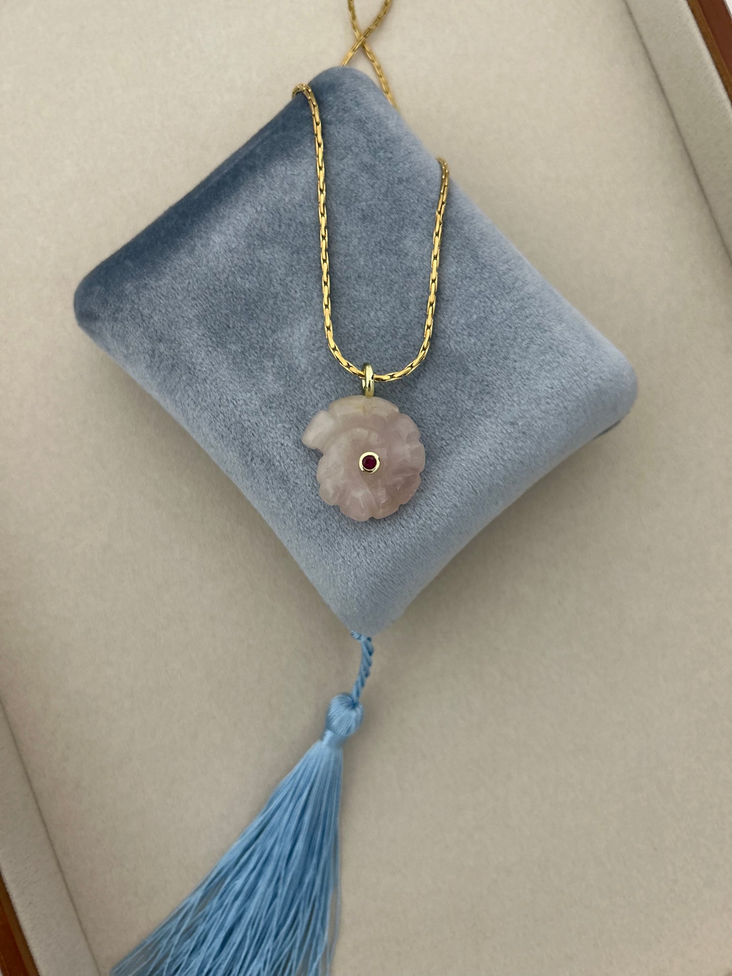 Ammonite Seashell Carved Rose Quartz Necklace