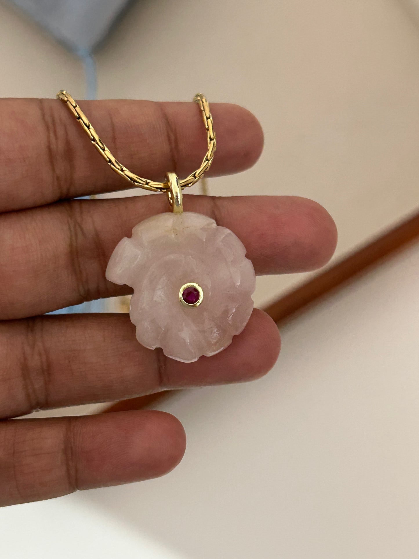Ammonite Seashell Carved Rose Quartz Necklace