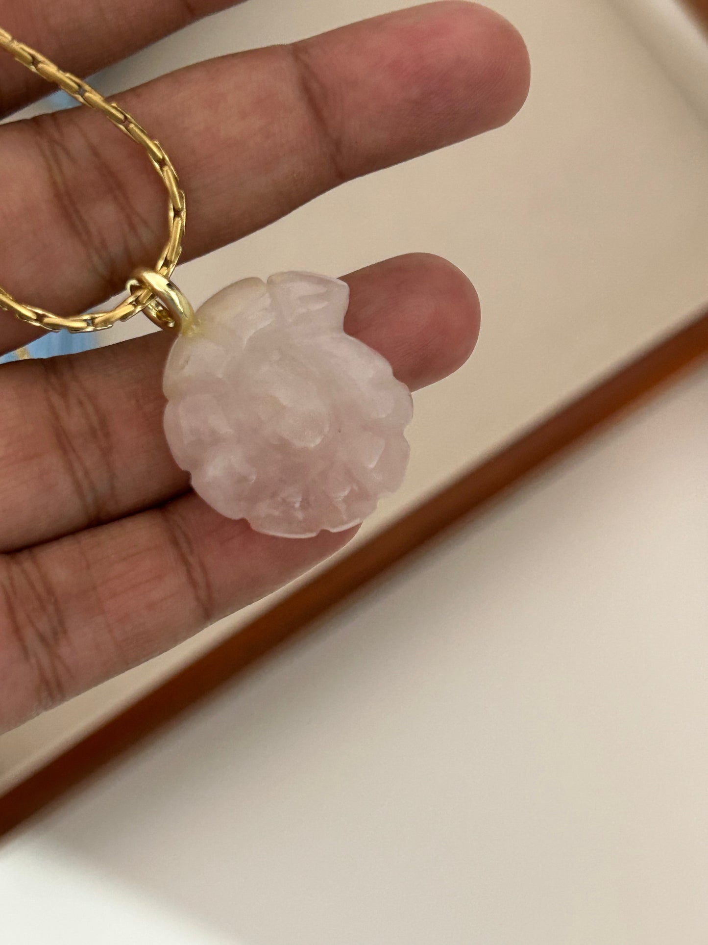Ammonite Seashell Carved Rose Quartz Necklace