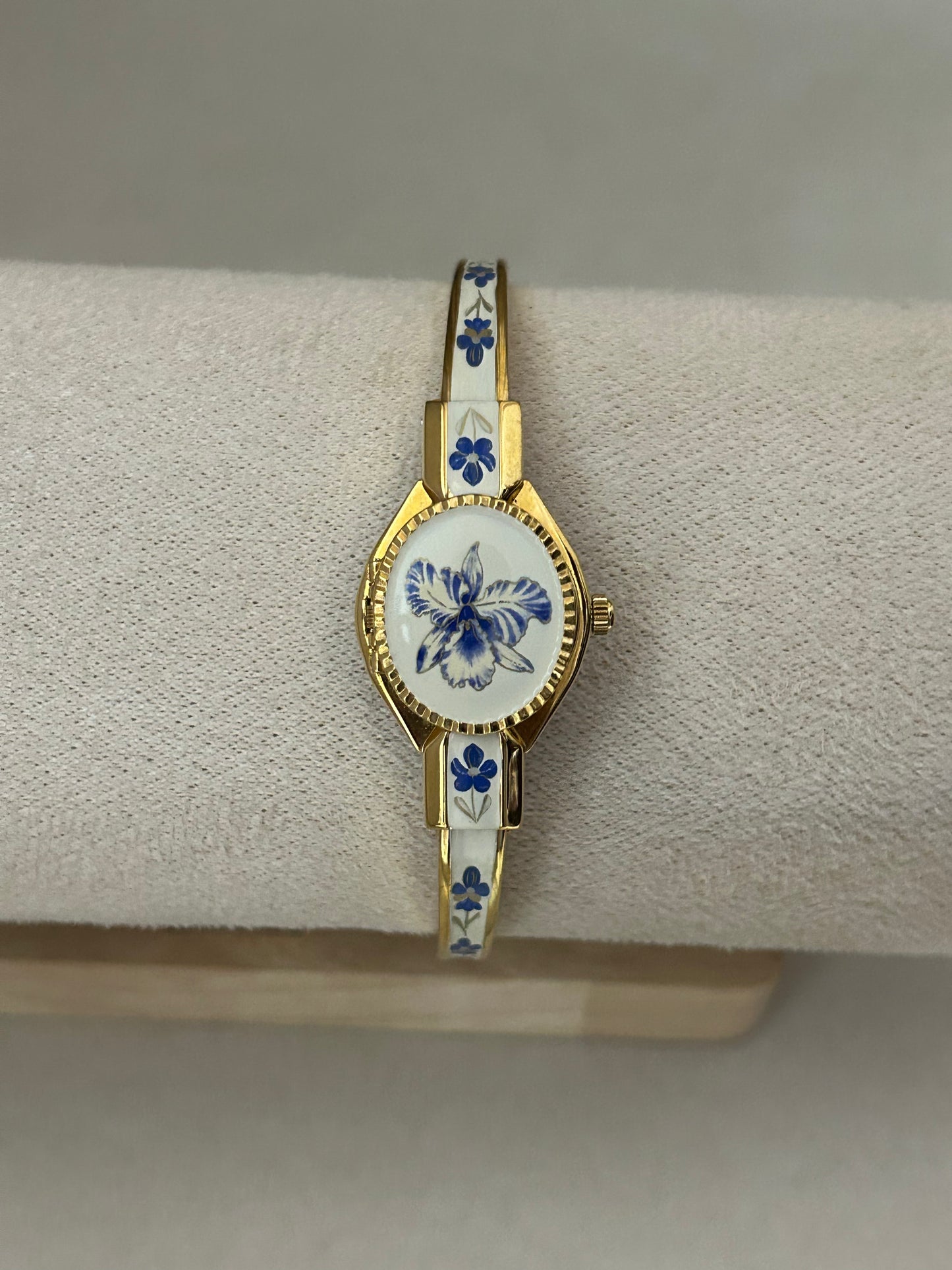 André Mouche Swiss Blue & White Floral Enamel Cuff Bangle Watch