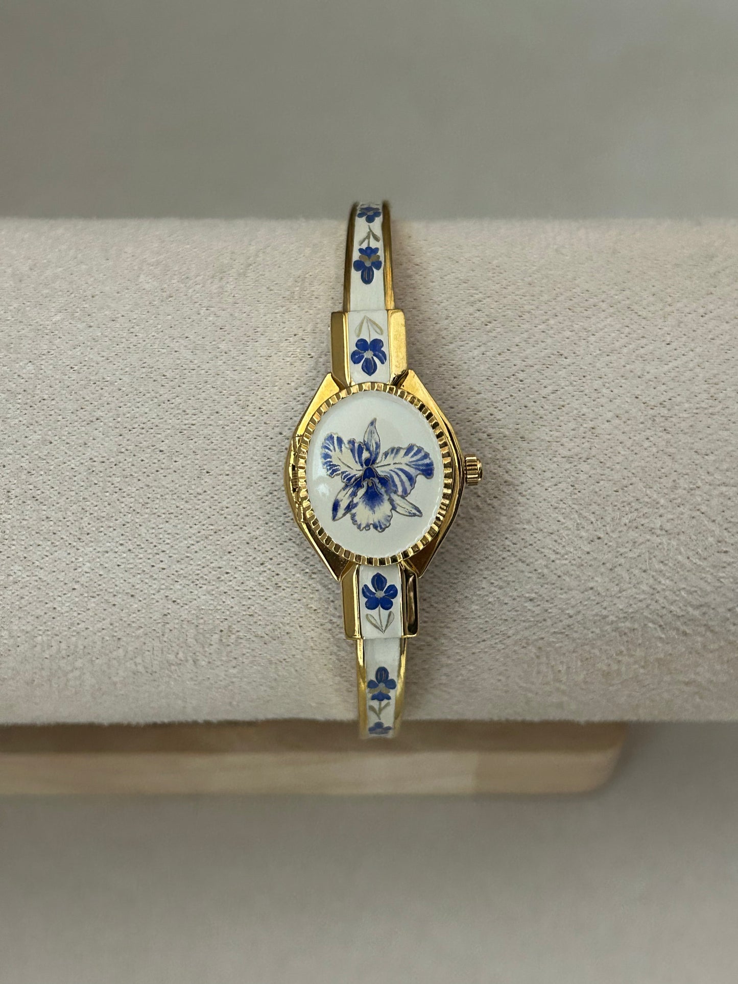 André Mouche Swiss Blue & White Floral Enamel Cuff Bangle Watch