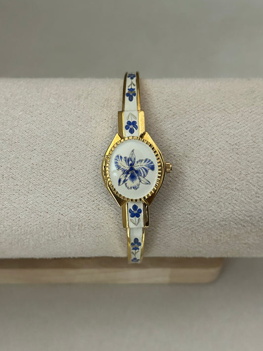 André Mouche Swiss Blue & White Floral Enamel Cuff Bangle Watch