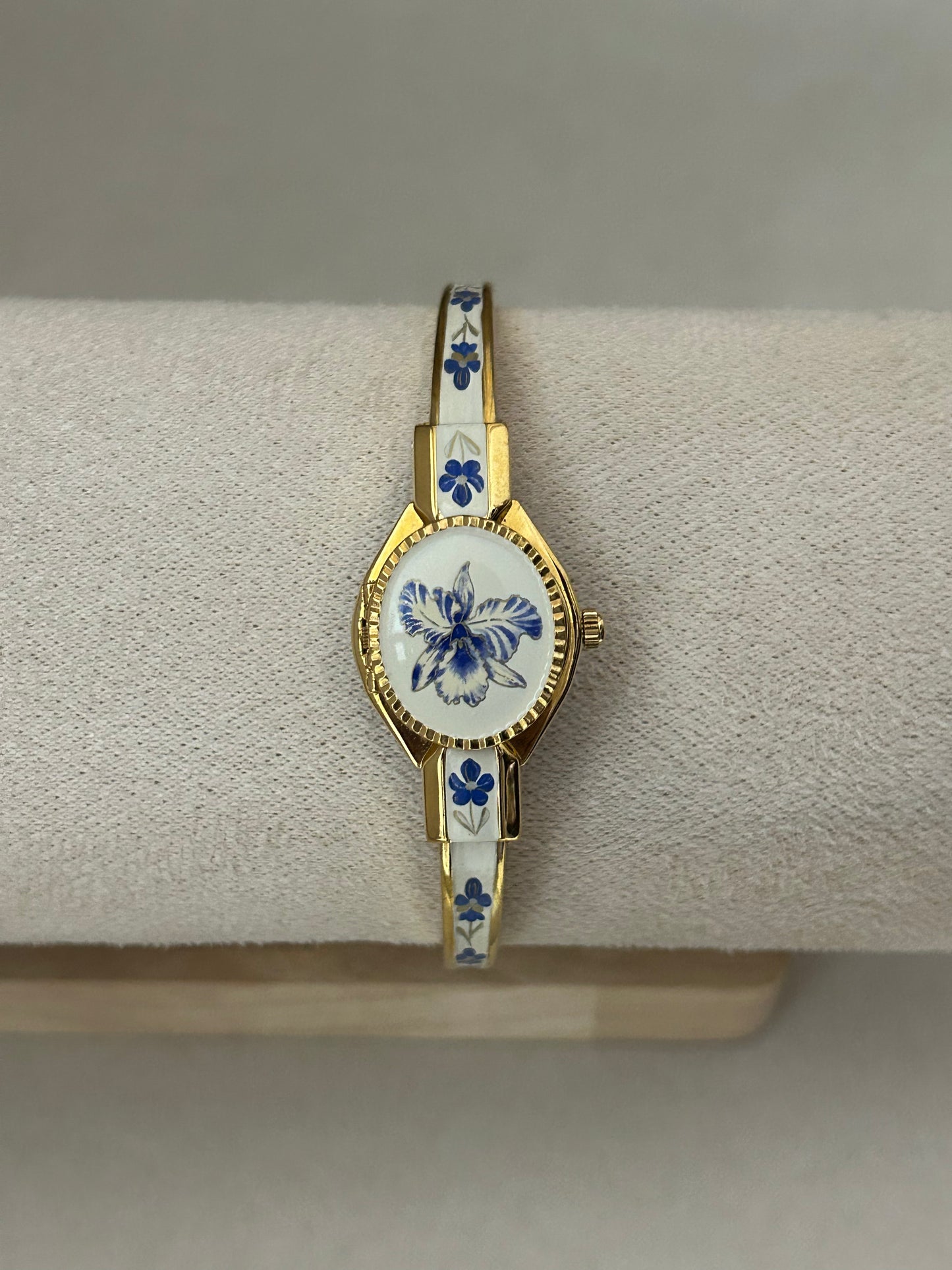 André Mouche Swiss Blue & White Floral Enamel Cuff Bangle Watch