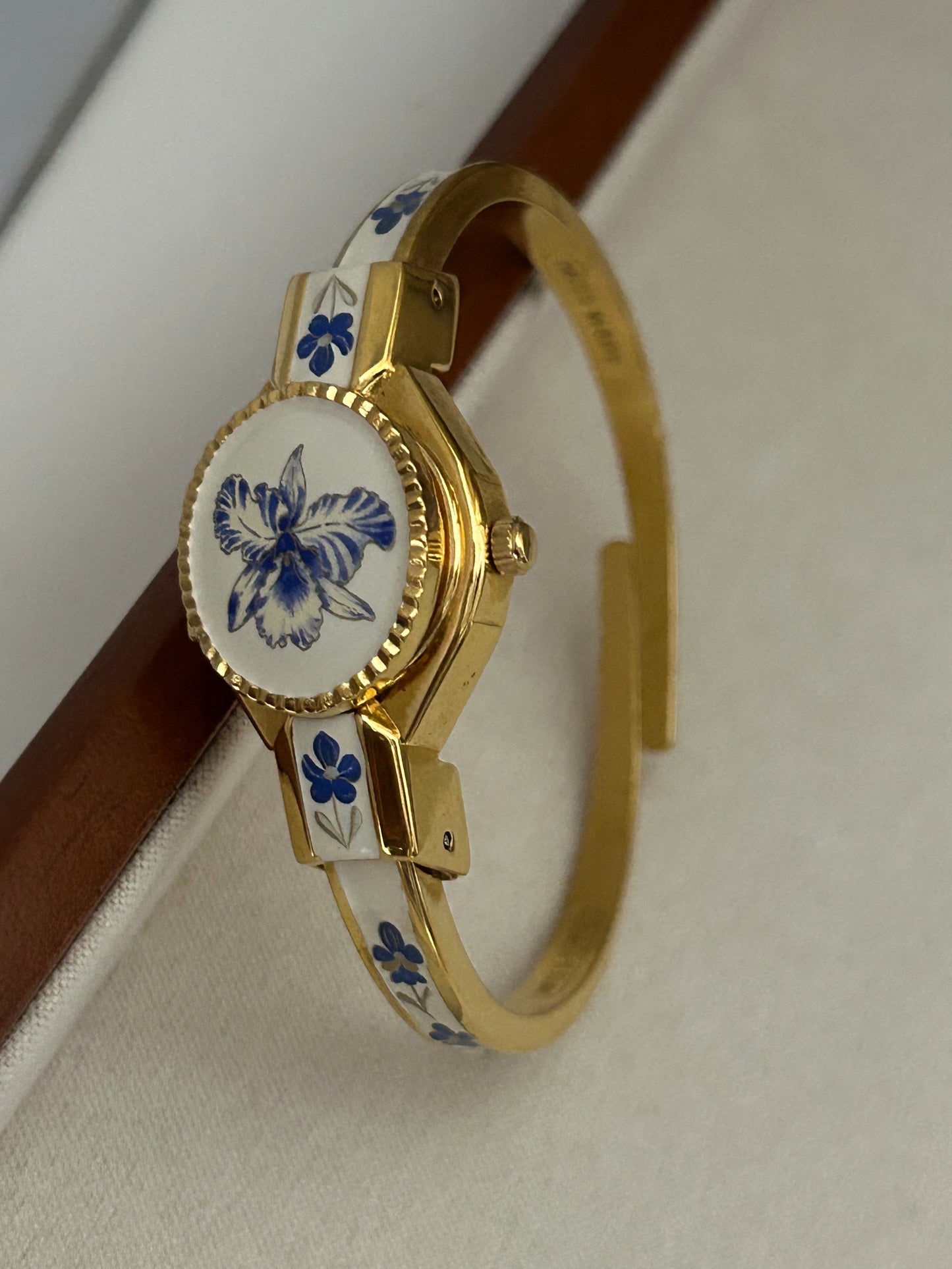 André Mouche Swiss Blue & White Floral Enamel Cuff Bangle Watch