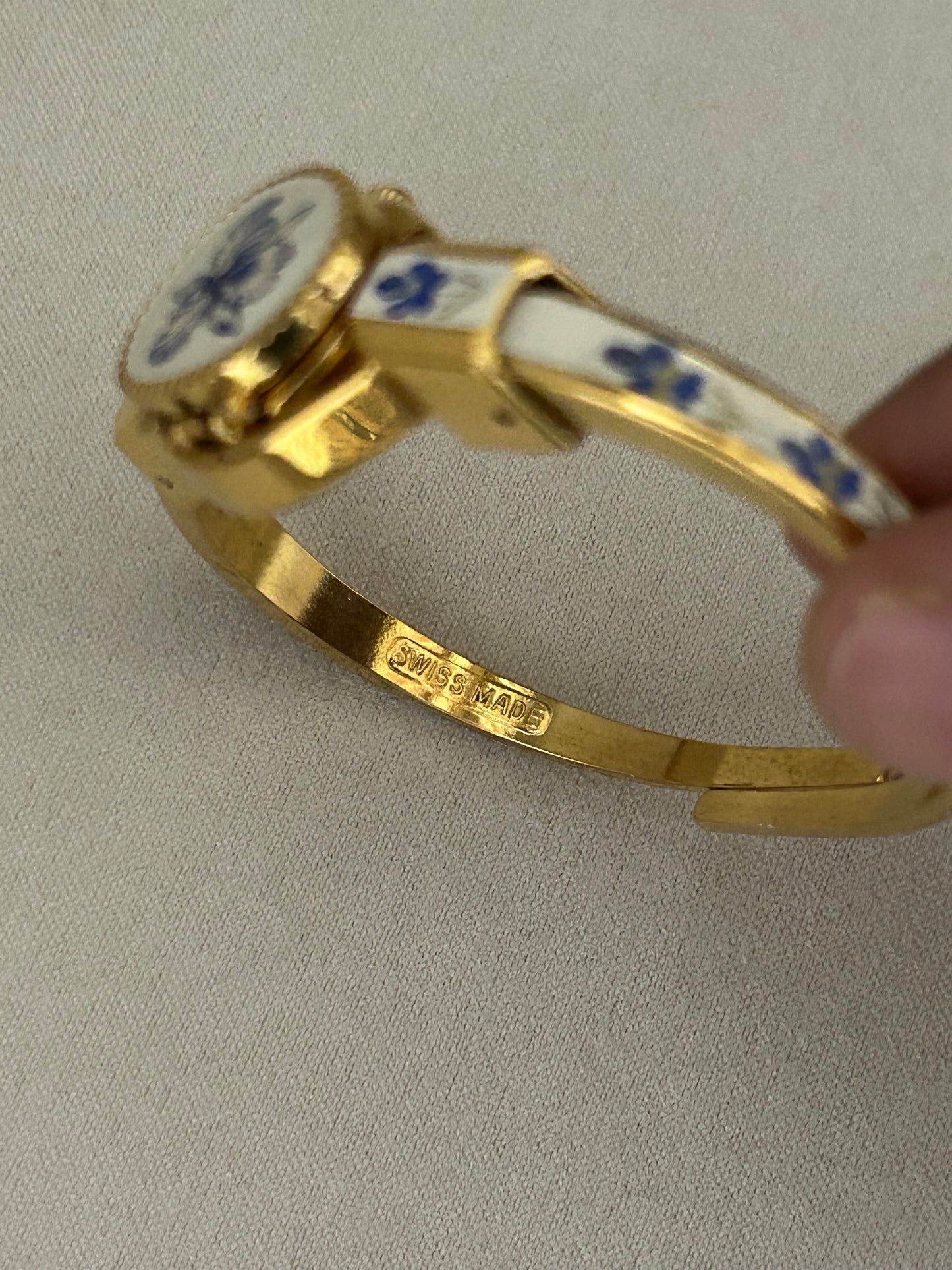 André Mouche Swiss Blue & White Floral Enamel Cuff Bangle Watch