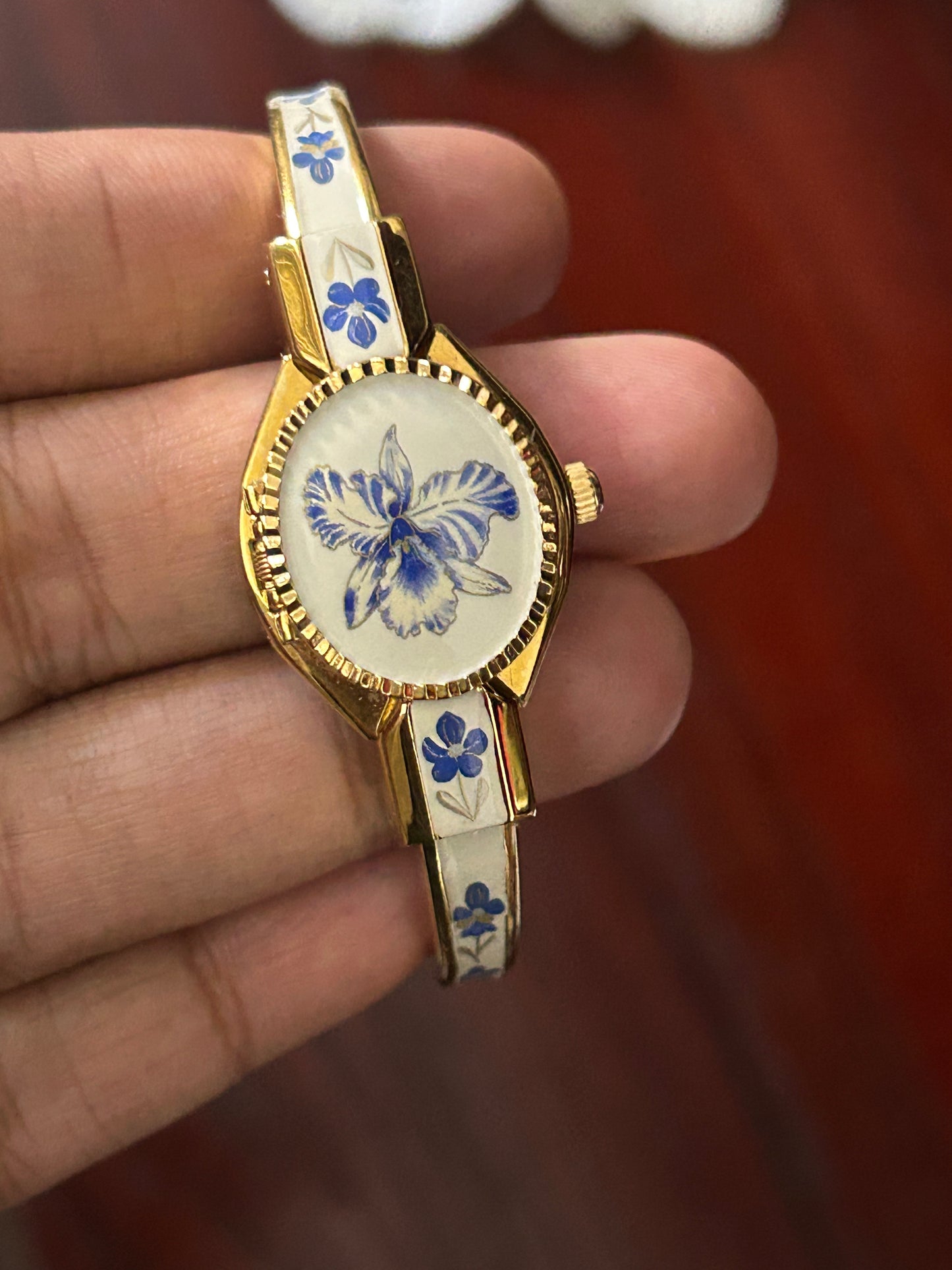 André Mouche Swiss Blue & White Floral Enamel Cuff Bangle Watch