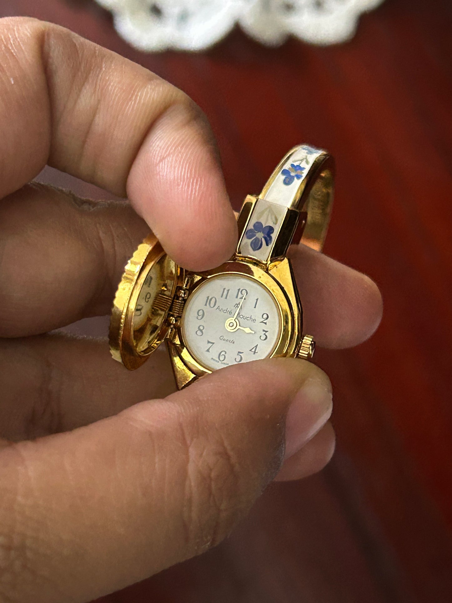 André Mouche Swiss Blue & White Floral Enamel Cuff Bangle Watch