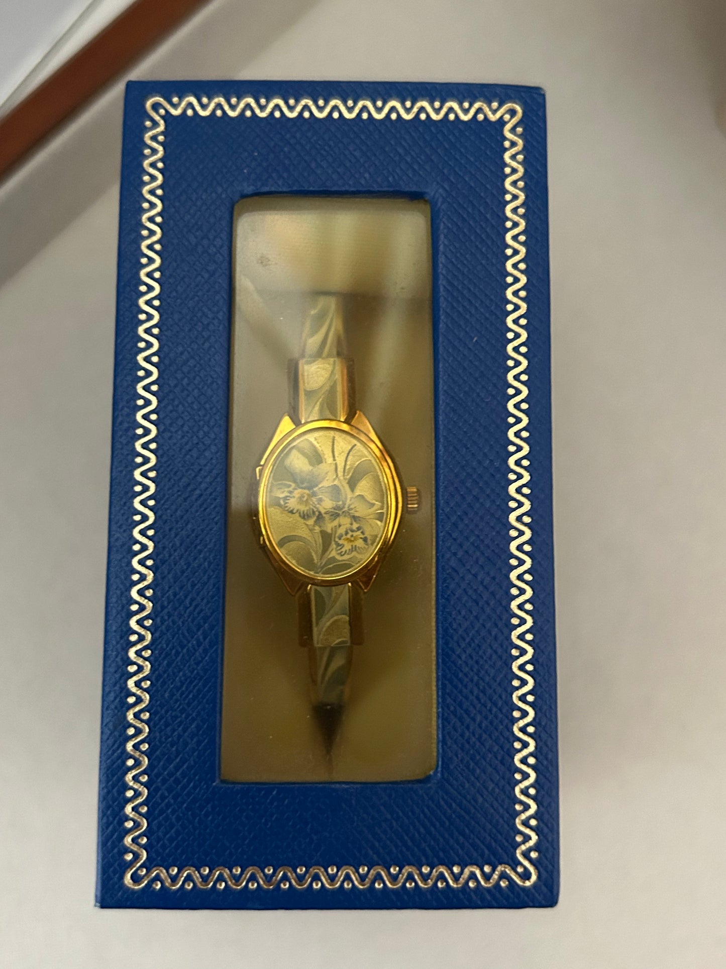 André Mouche Swiss Blue Orchid Enamel Cuff Bangle Watch