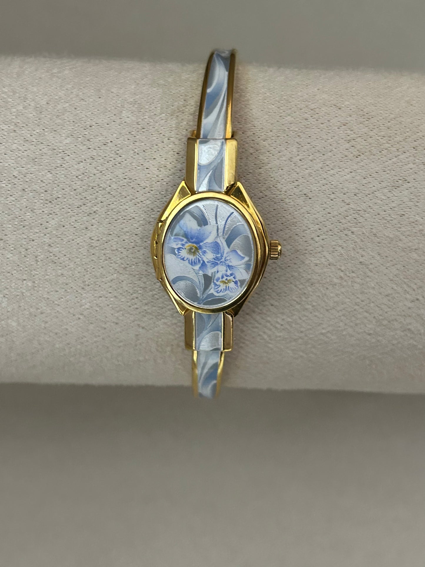 André Mouche Swiss Blue Orchid Enamel Cuff Bangle Watch